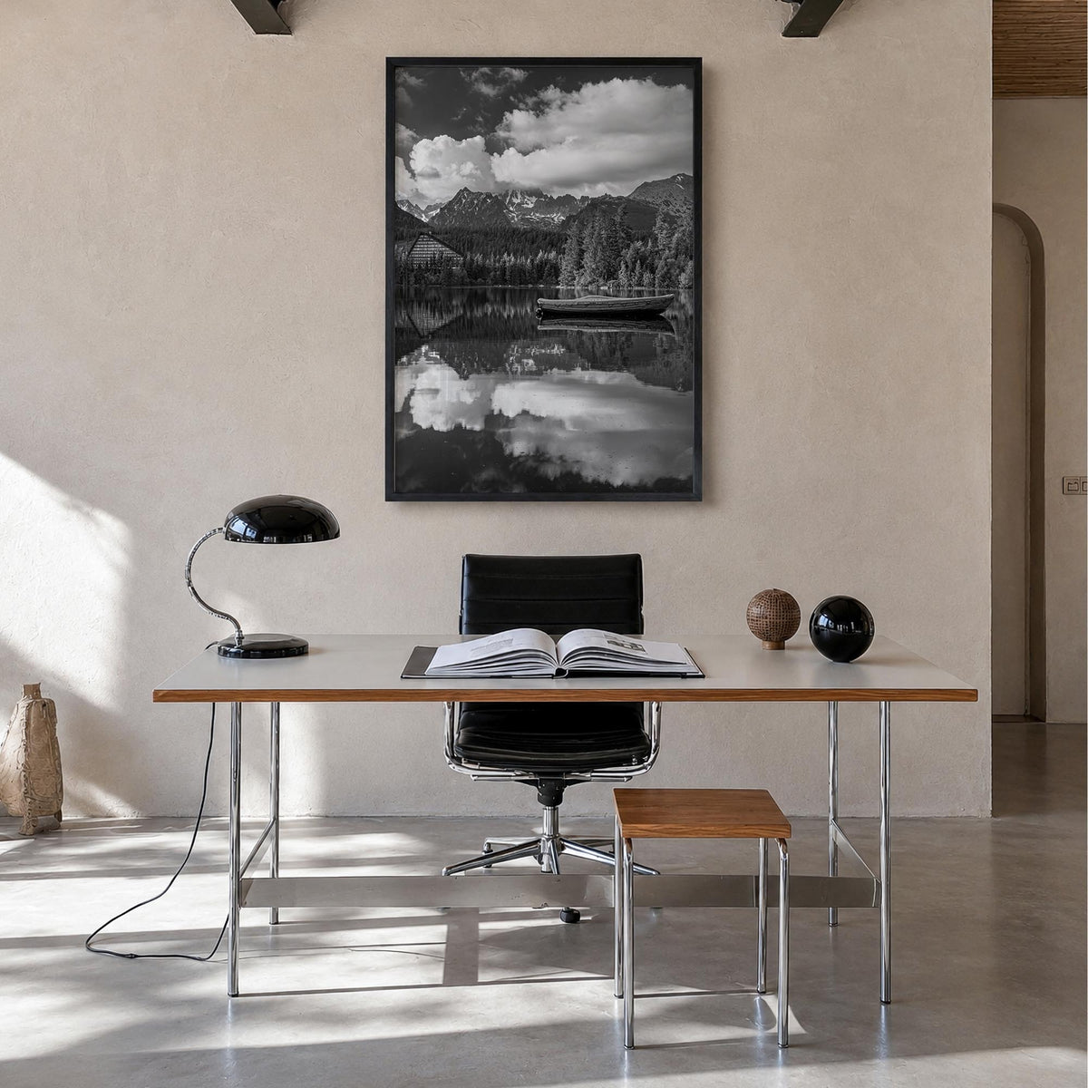 High Tatras black & white photo poster of Slovakia – vertical wall art in black wood frame, hanging on wall