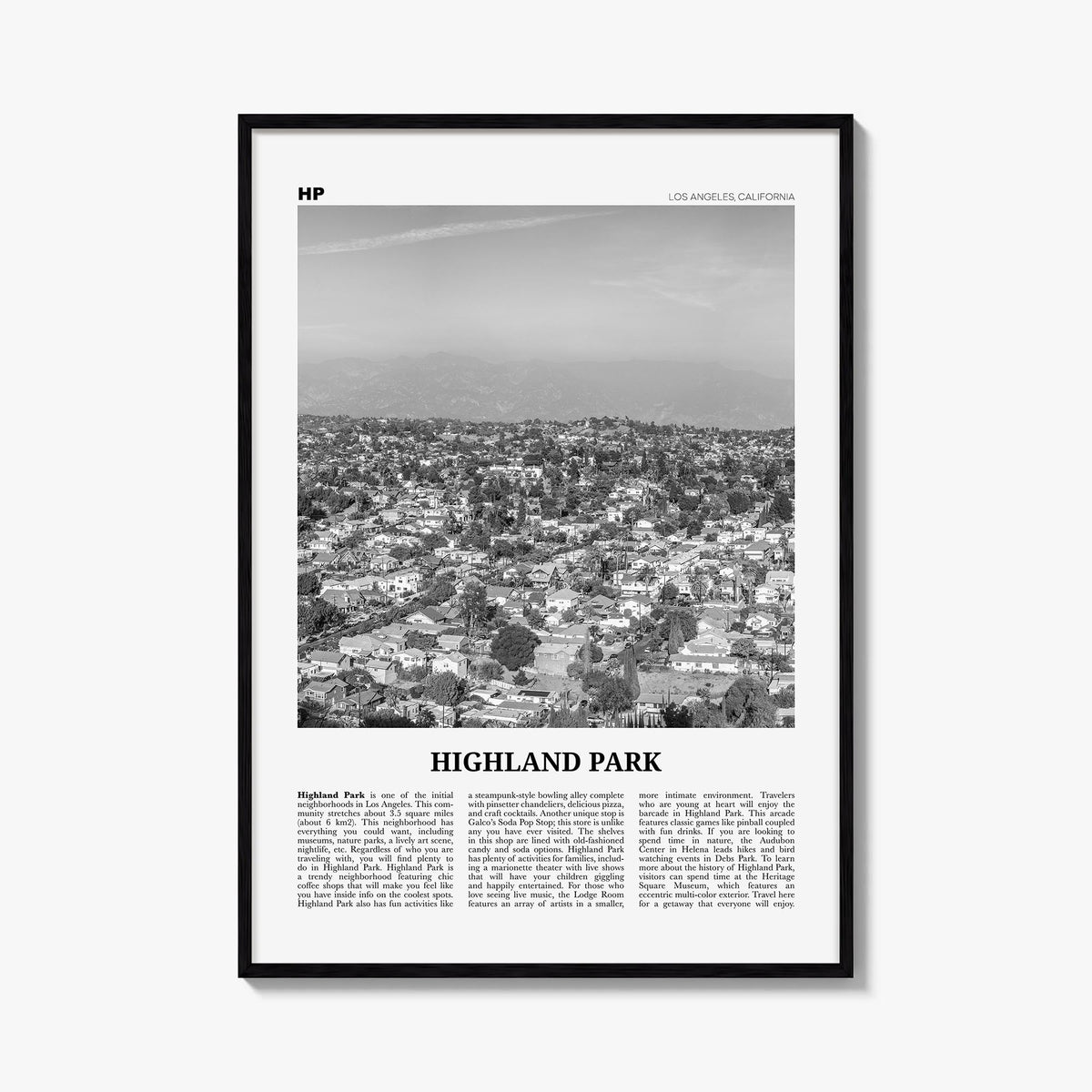 Highland Park black & white newspaper poster of Los Angeles, California – vertical wall art, unframed print shown in interior