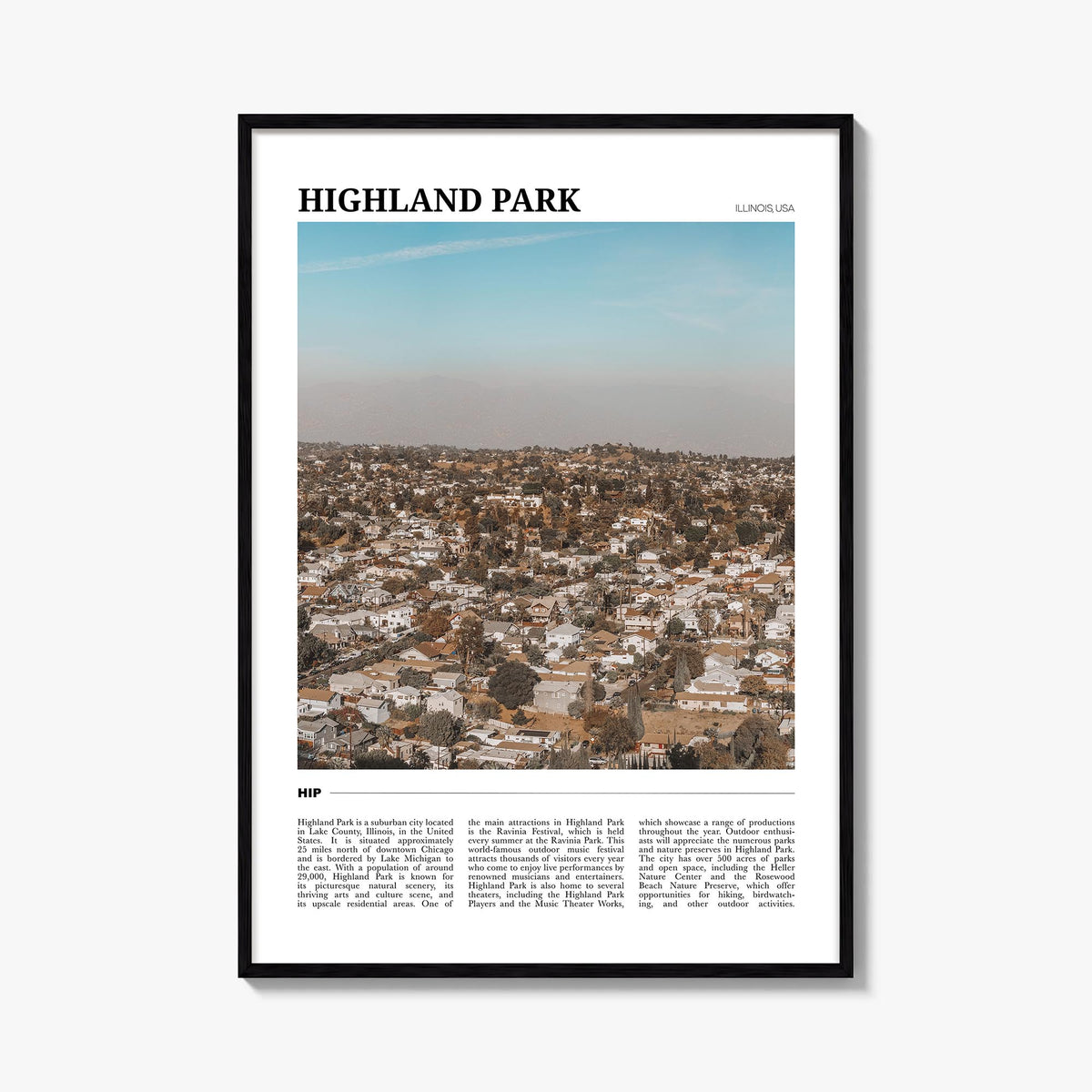 Highland Park colorful travel poster of Los Angeles, California – vertical wall art, unframed print shown in interior mockup