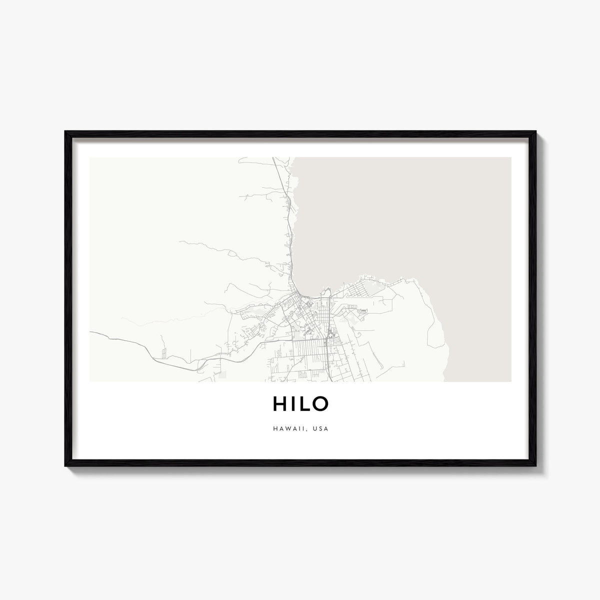 Hilo black & white map poster of Hawaii, USA – horizontal wall art, unframed print shown in interior mockup