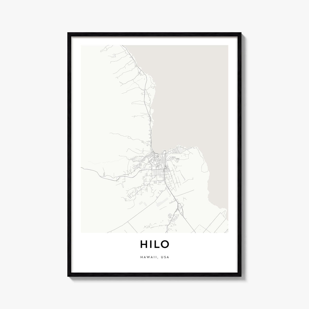 Hilo black & white map poster of Hawaii, USA – vertical wall art, unframed print shown in interior mockup