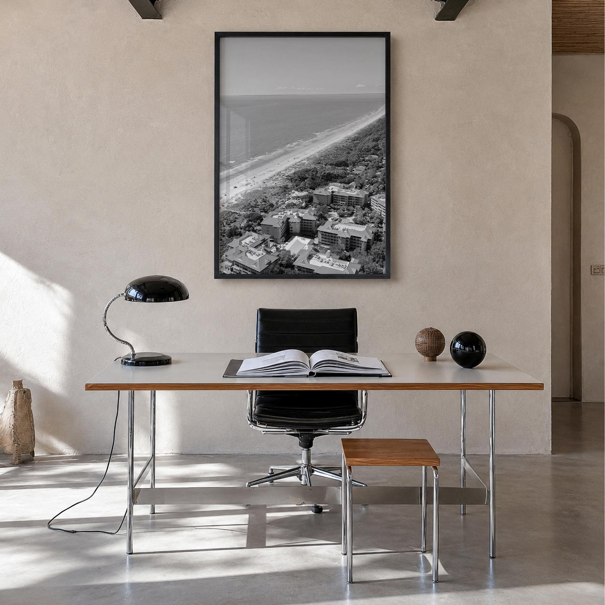 Hilton Head Island black & white photo poster of South Carolina, USA – vertical wall art in black wood frame, hanging on wall