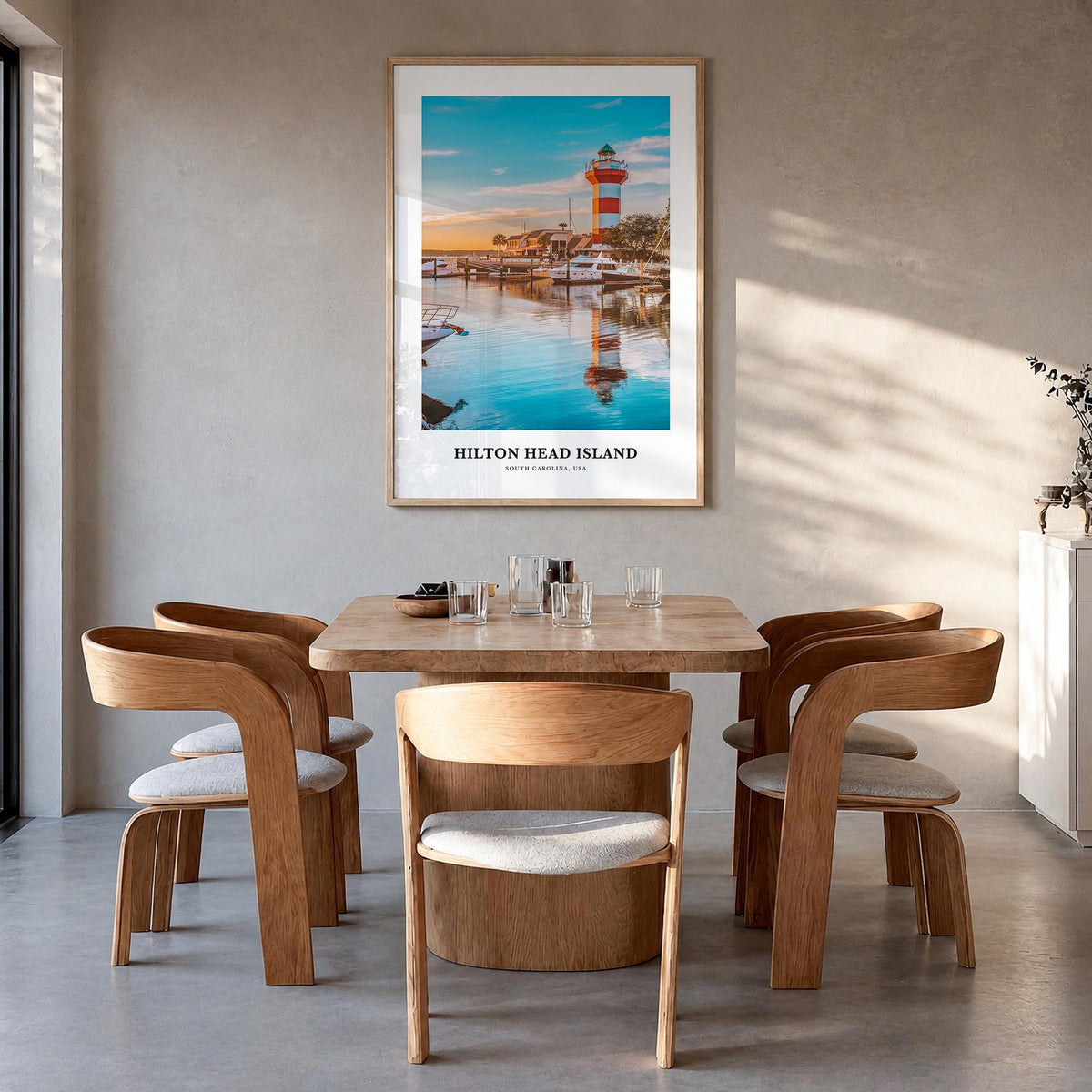 Hilton Head Island colorful classic poster of South Carolina, USA – vertical wall art in natural wood frame, hanging on wall