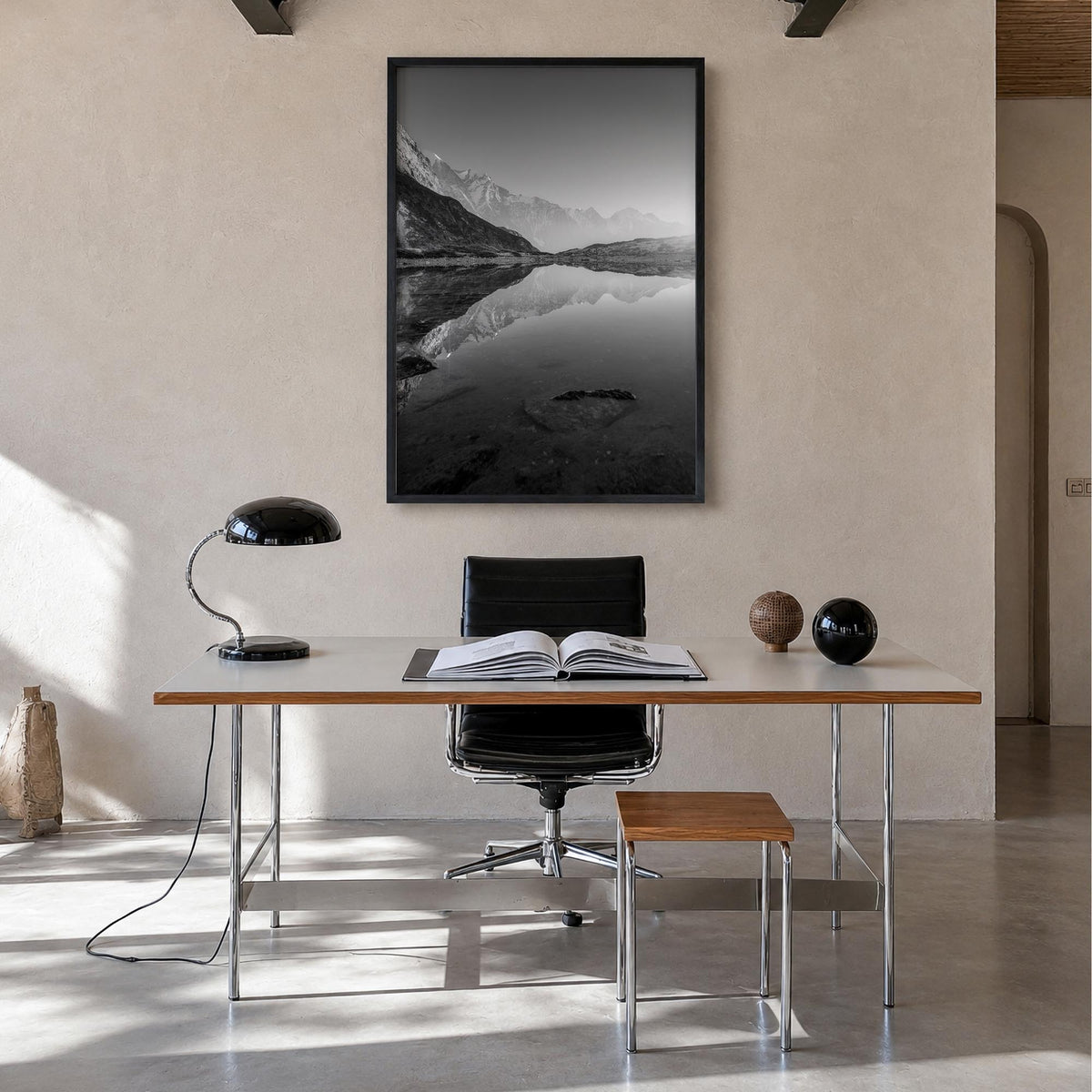 The Himalayas black & white photo poster of Asia – vertical wall art in black wood frame, hanging on wall