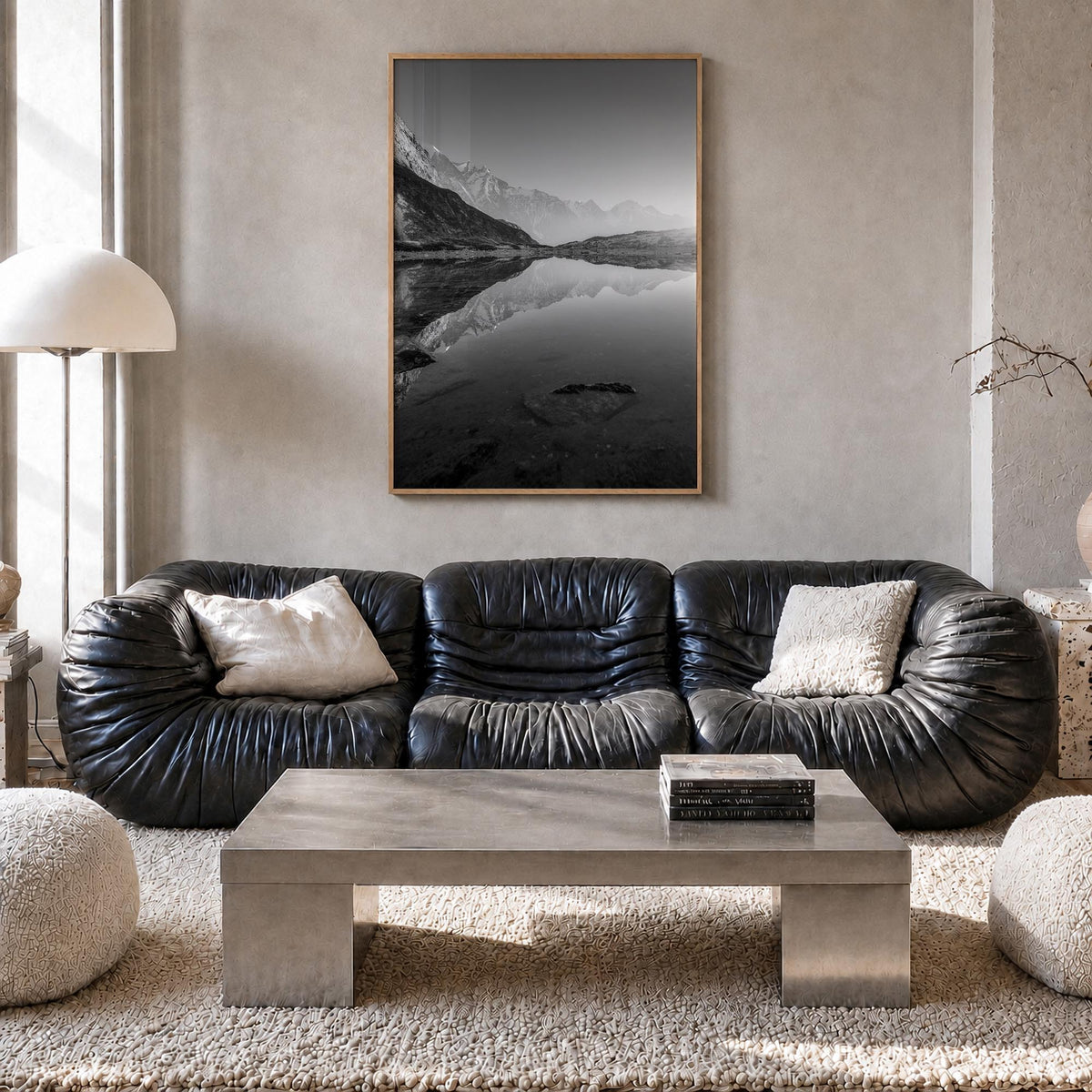 The Himalayas black & white photo poster of Asia – vertical wall art in natural wood frame, hanging on wall