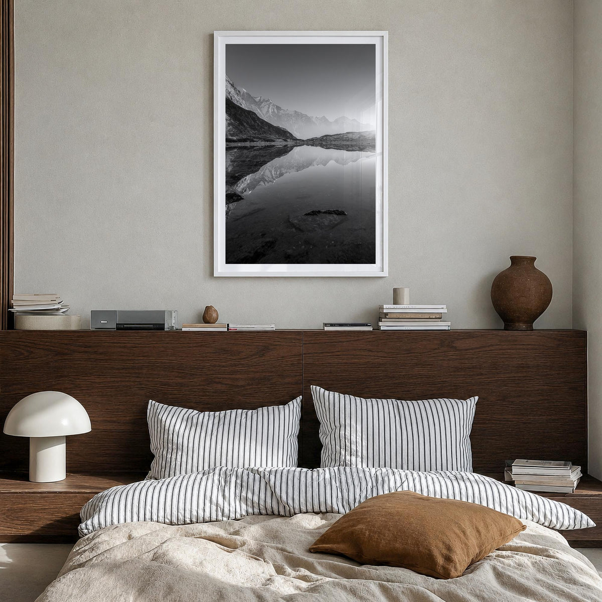 The Himalayas black & white photo poster of Asia – vertical wall art in white wood frame with white border, hanging on wall