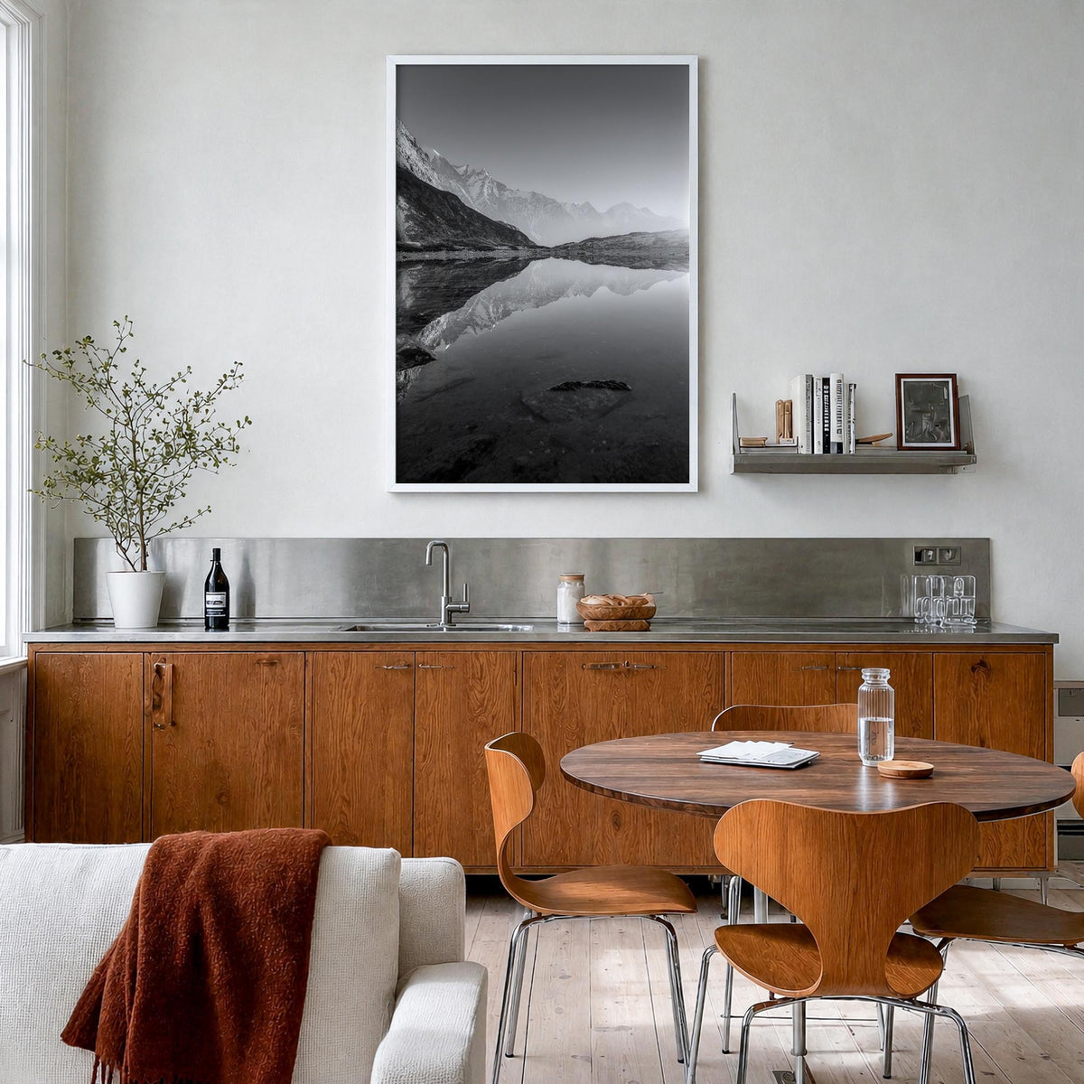 The Himalayas black & white photo poster of Asia – vertical wall art in white wood frame, hanging on wall