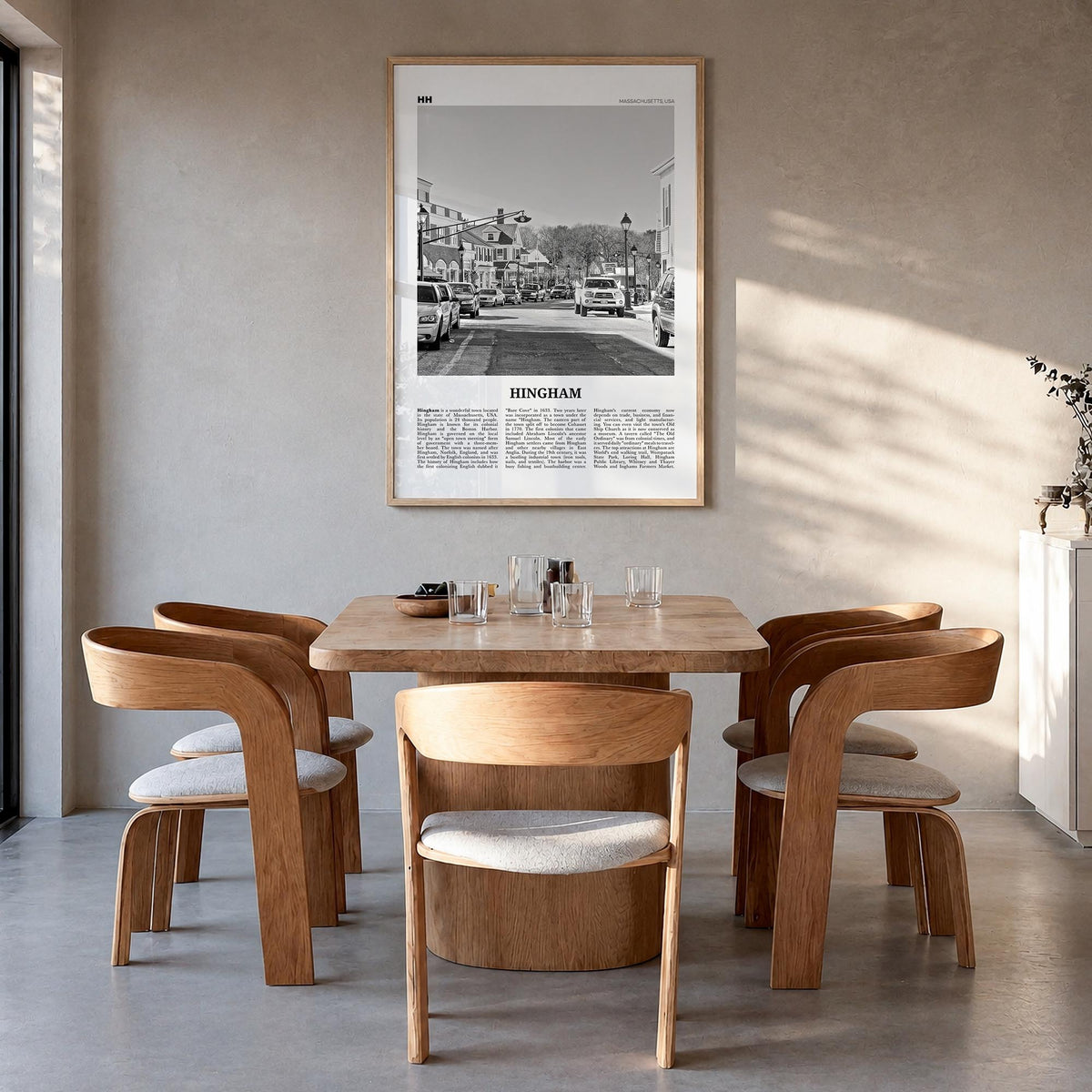 Hingham black & white newspaper poster of Massachusetts, USA – vertical wall art in natural wood frame, hanging on wall