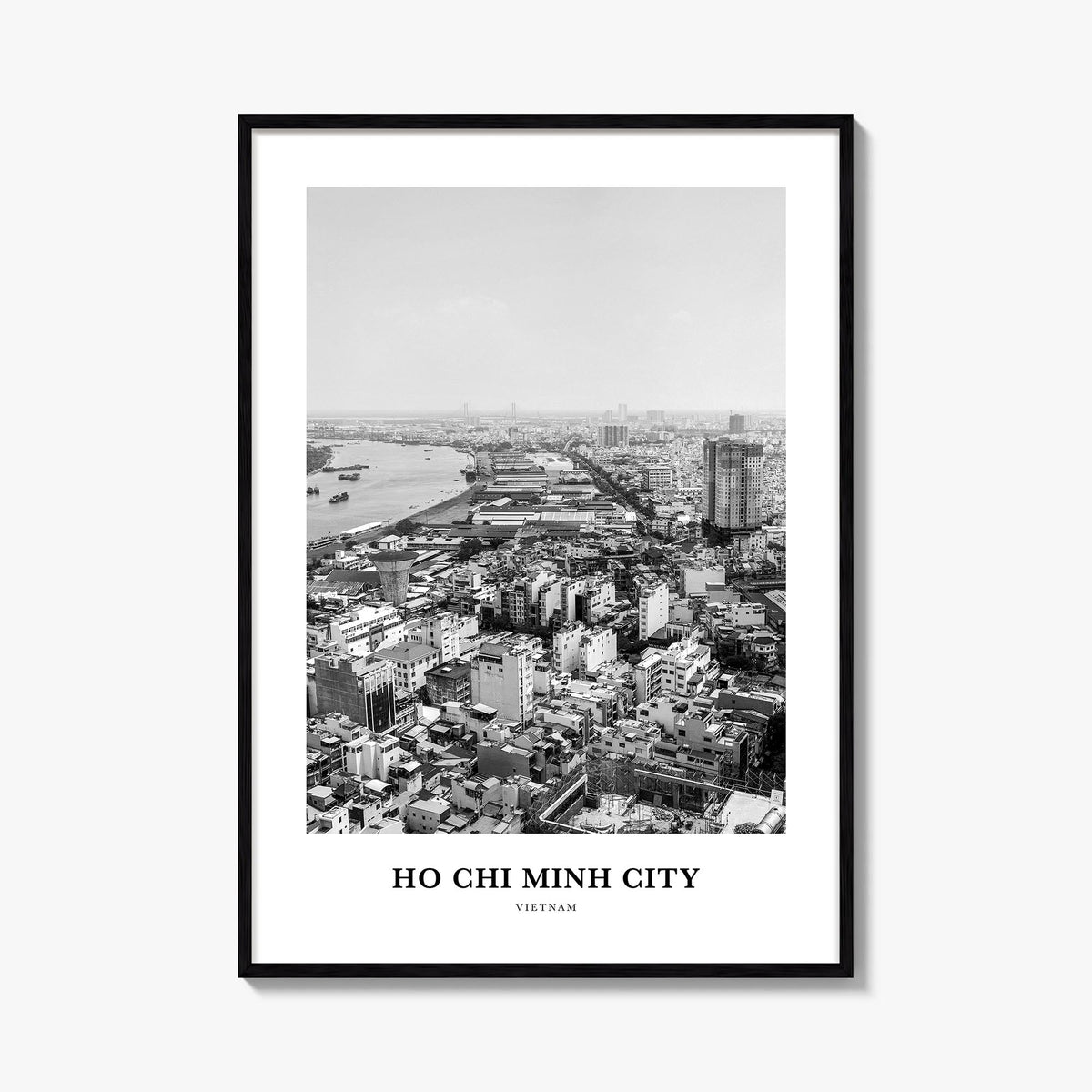Ho Chi Minh City black & white classic poster of Vietnam – vertical wall art, unframed print shown in interior mockup