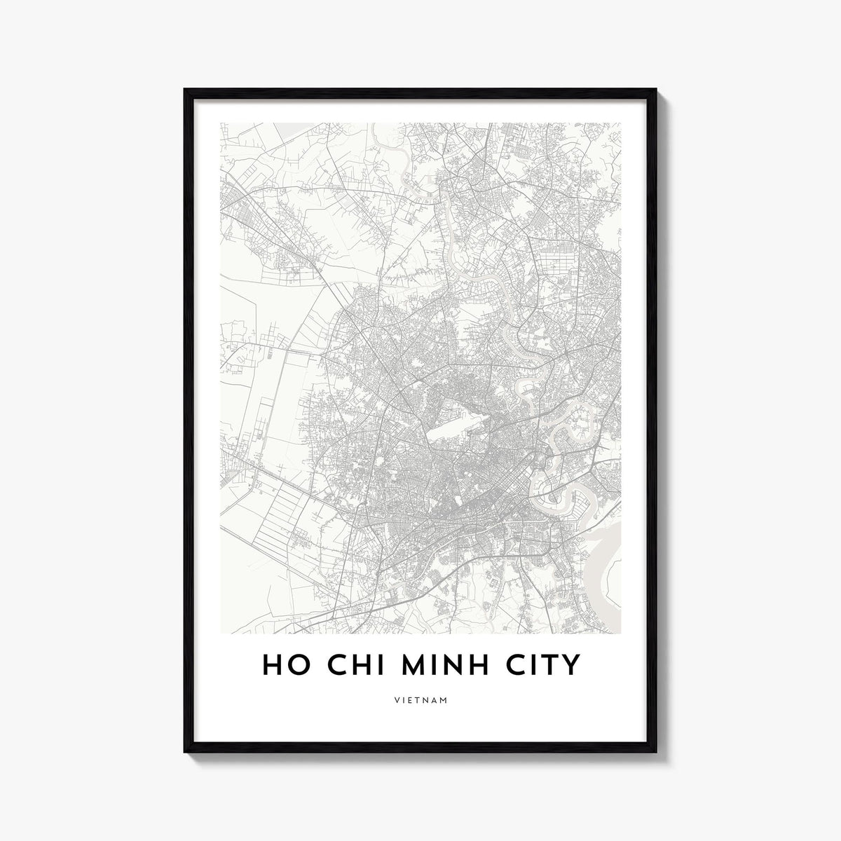 Ho Chi Minh City black & white map poster of Vietnam – vertical wall art, unframed print shown in interior mockup