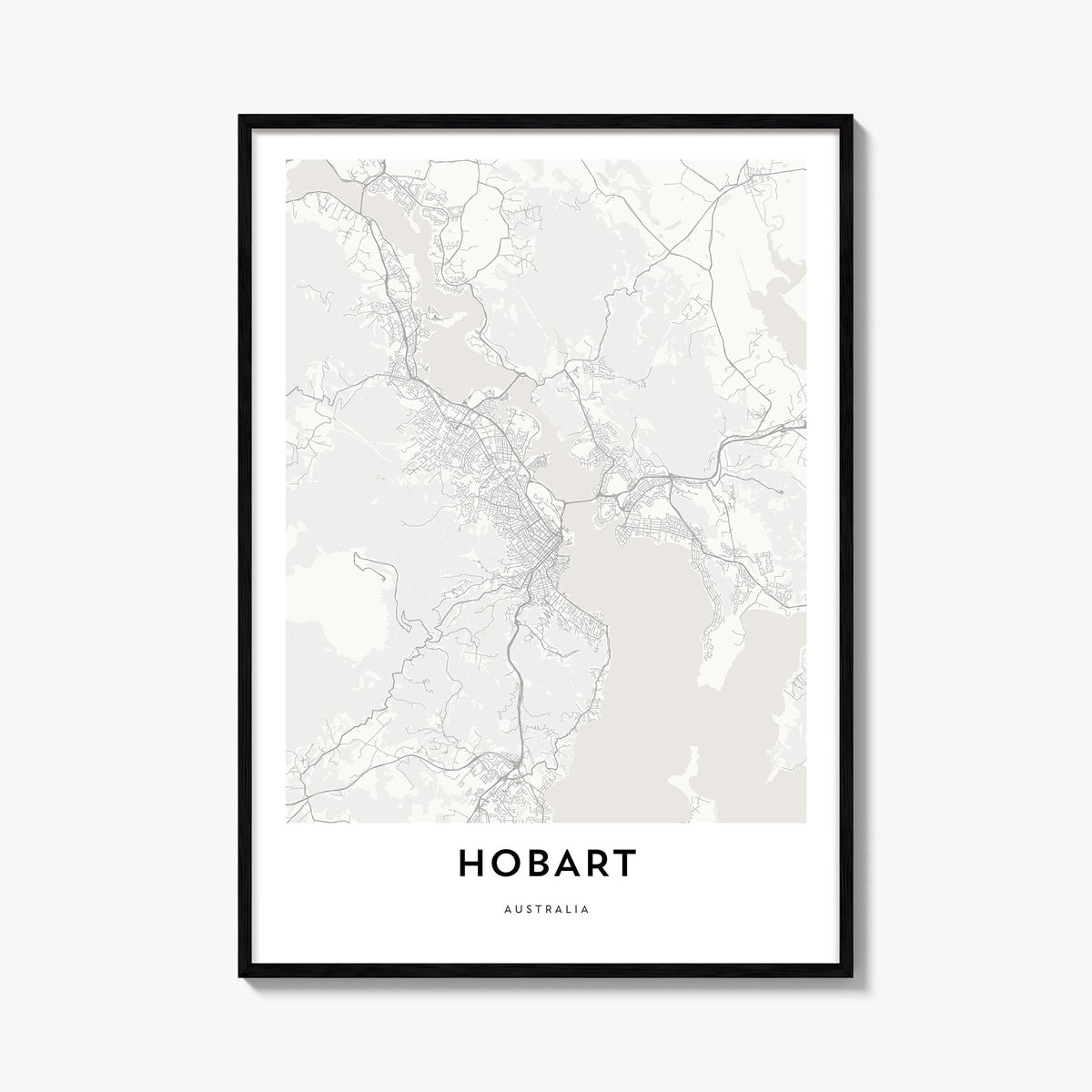 Hobart black & white map poster of Tasmania, Australia – vertical wall art, unframed print shown in interior mockup