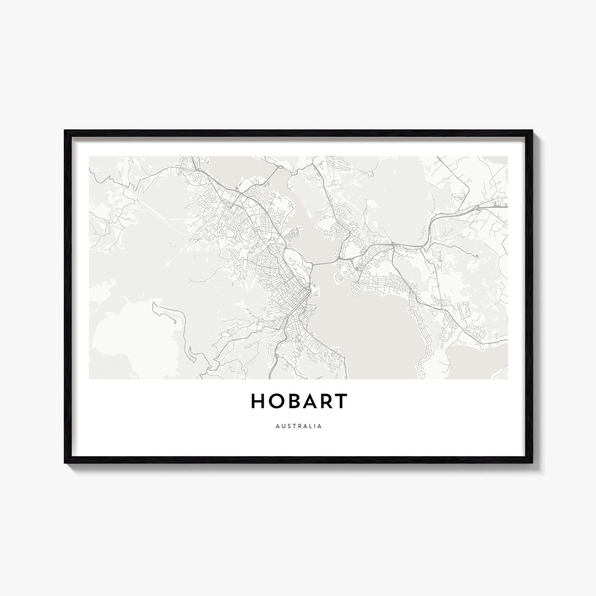 Hobart black & white map poster of Tasmania, Australia – horizontal wall art, unframed print shown in interior mockup