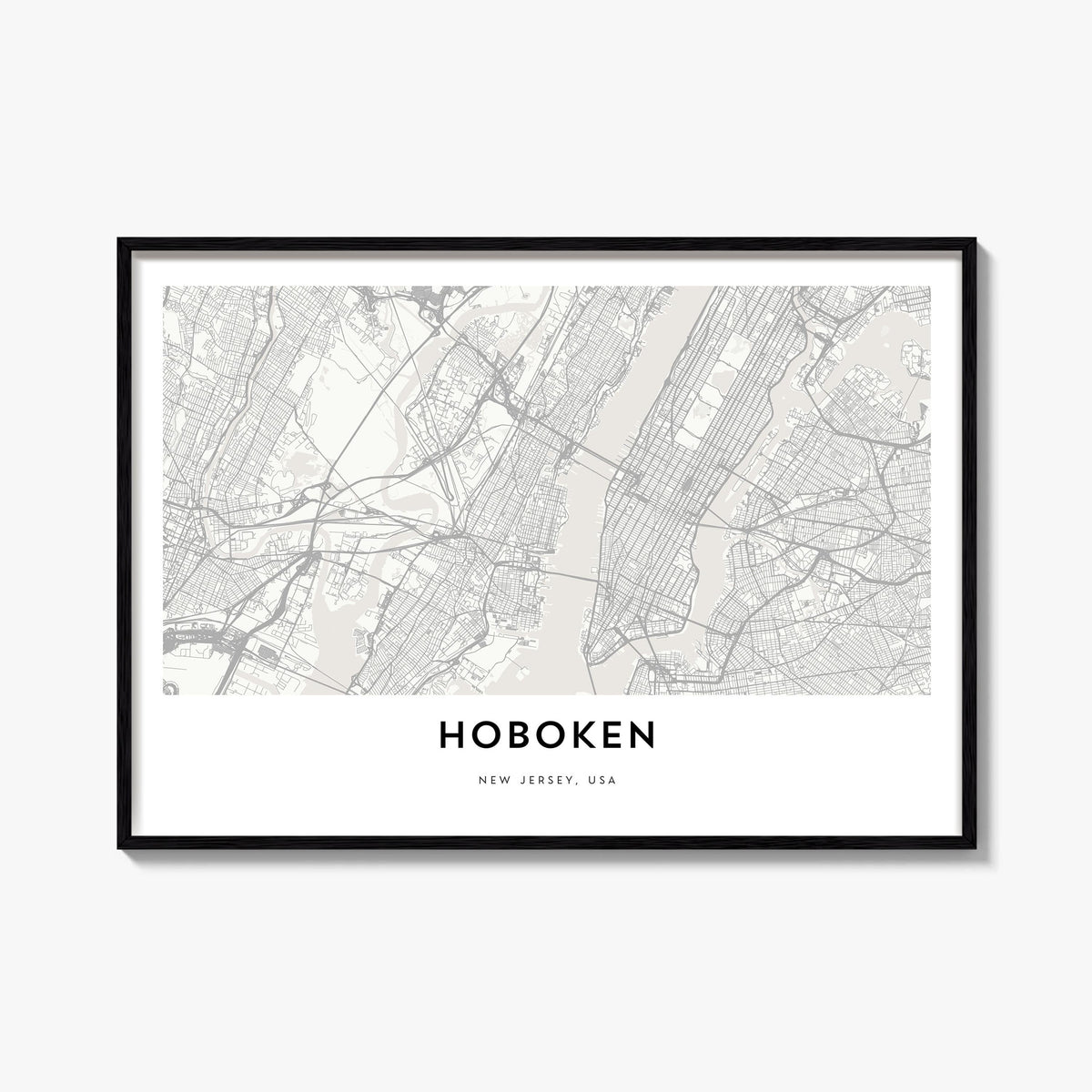 Hoboken black & white map poster of New Jersey, USA – horizontal wall art, unframed print shown in interior mockup