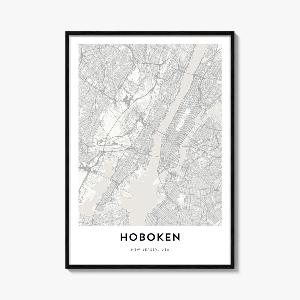 Hoboken black & white map poster of New Jersey, USA – vertical wall art, unframed print shown in interior mockup