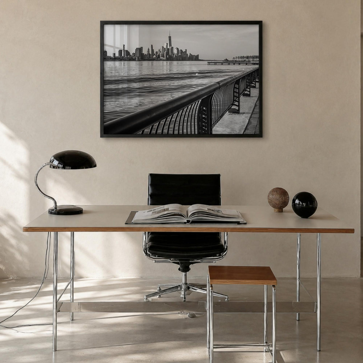 Hoboken black & white photo poster of New Jersey, USA – horizontal wall art in black wood frame, hanging on wall