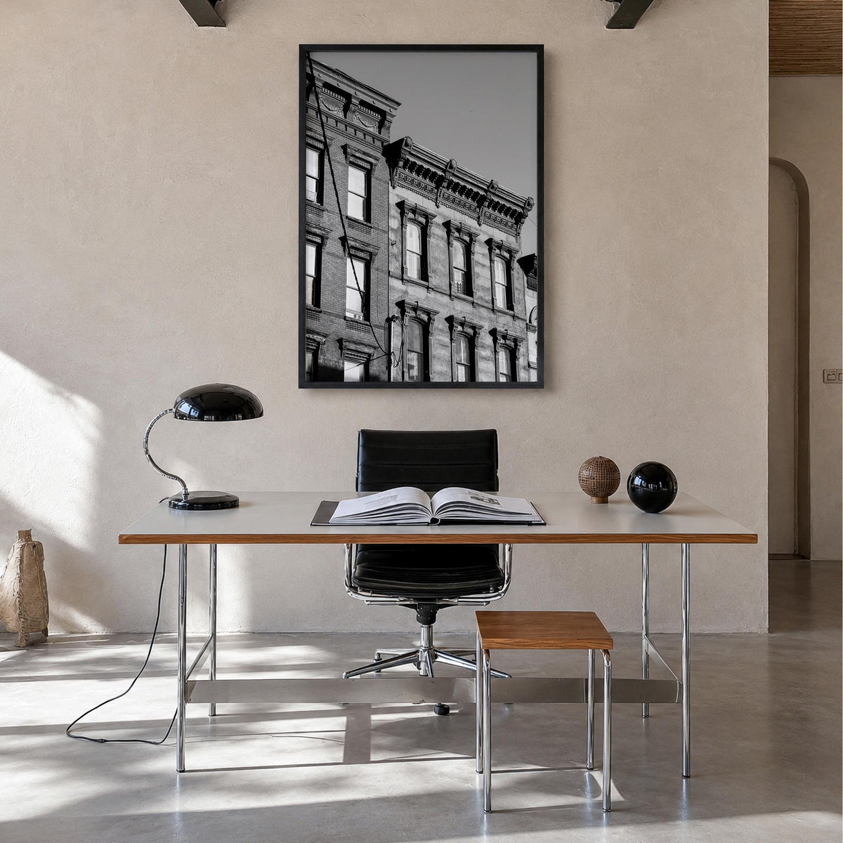 Hoboken black & white photo poster of New Jersey, USA – vertical wall art in black wood frame, hanging on wall