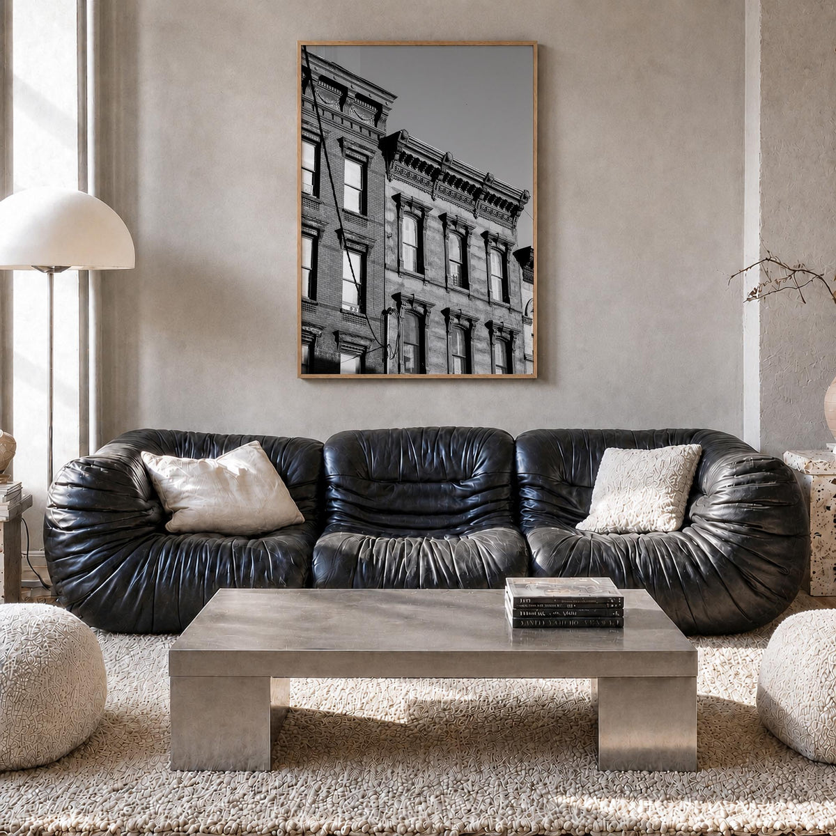 Hoboken black & white photo poster of New Jersey, USA – vertical wall art in natural wood frame, hanging on wall