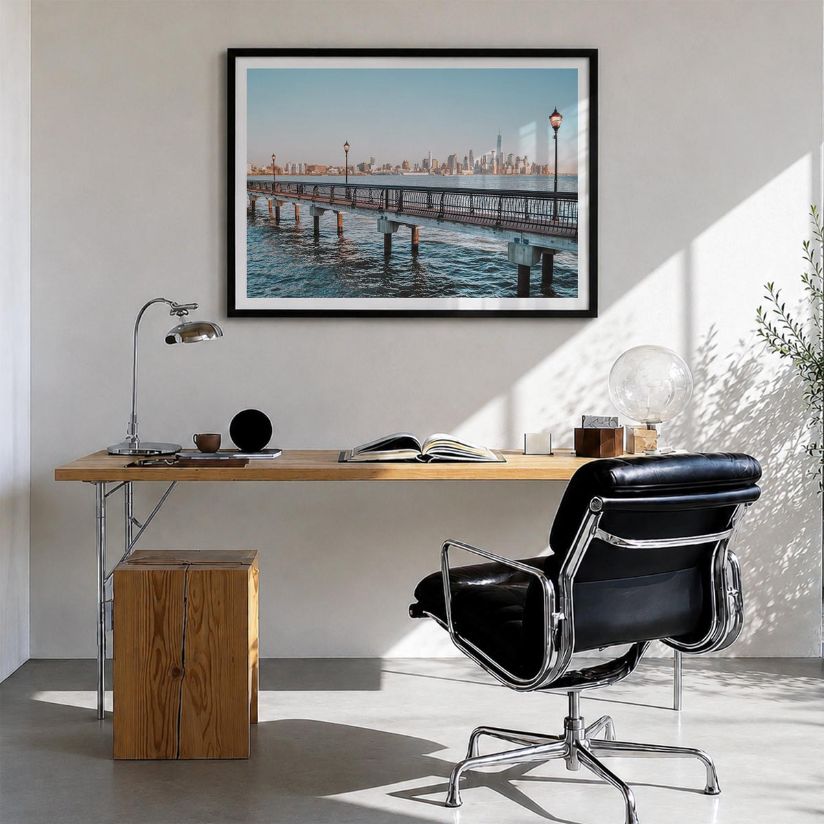 Hoboken colorful photo poster of New Jersey, USA – horizontal wall art in black wood frame with white border, hanging on wall