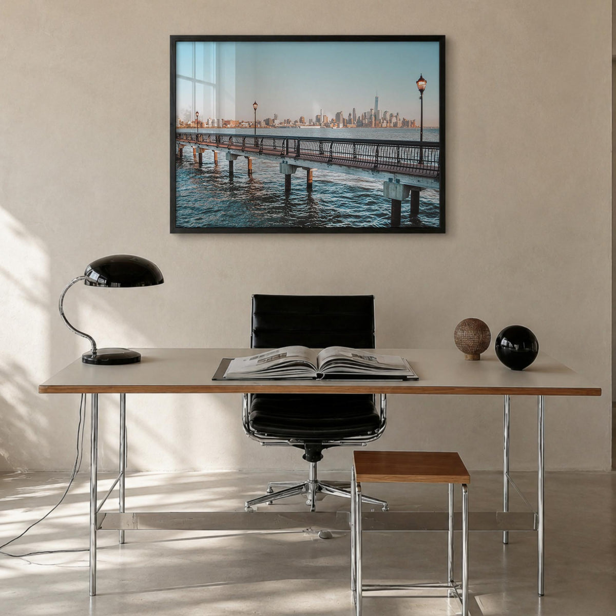 Hoboken colorful photo poster of New Jersey, USA – horizontal wall art in black wood frame, hanging on wall