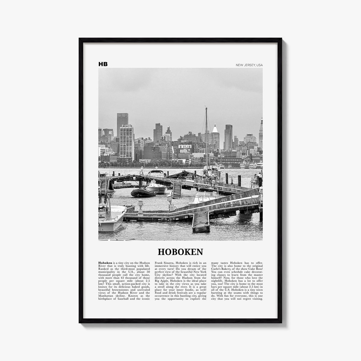 Hoboken no. 1 black & white newspaper poster of New Jersey, USA – vertical wall art, unframed print shown in interior mockup