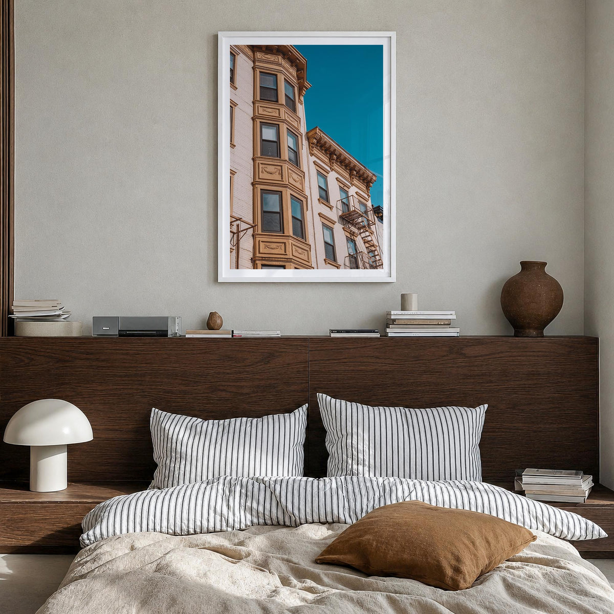 Hoboken no. 2 colorful photo poster of New Jersey, USA – vertical wall art in white wood frame with white border, hanging on