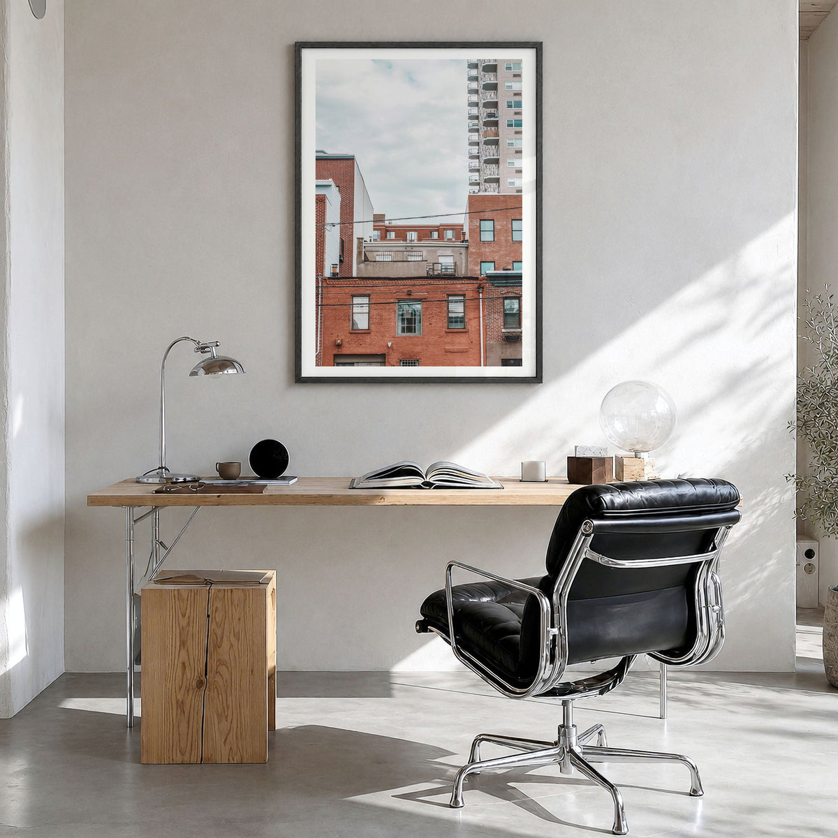 Hoboken Photo No 1 Poster in a black wood frame, hanging in a bright home office, white border