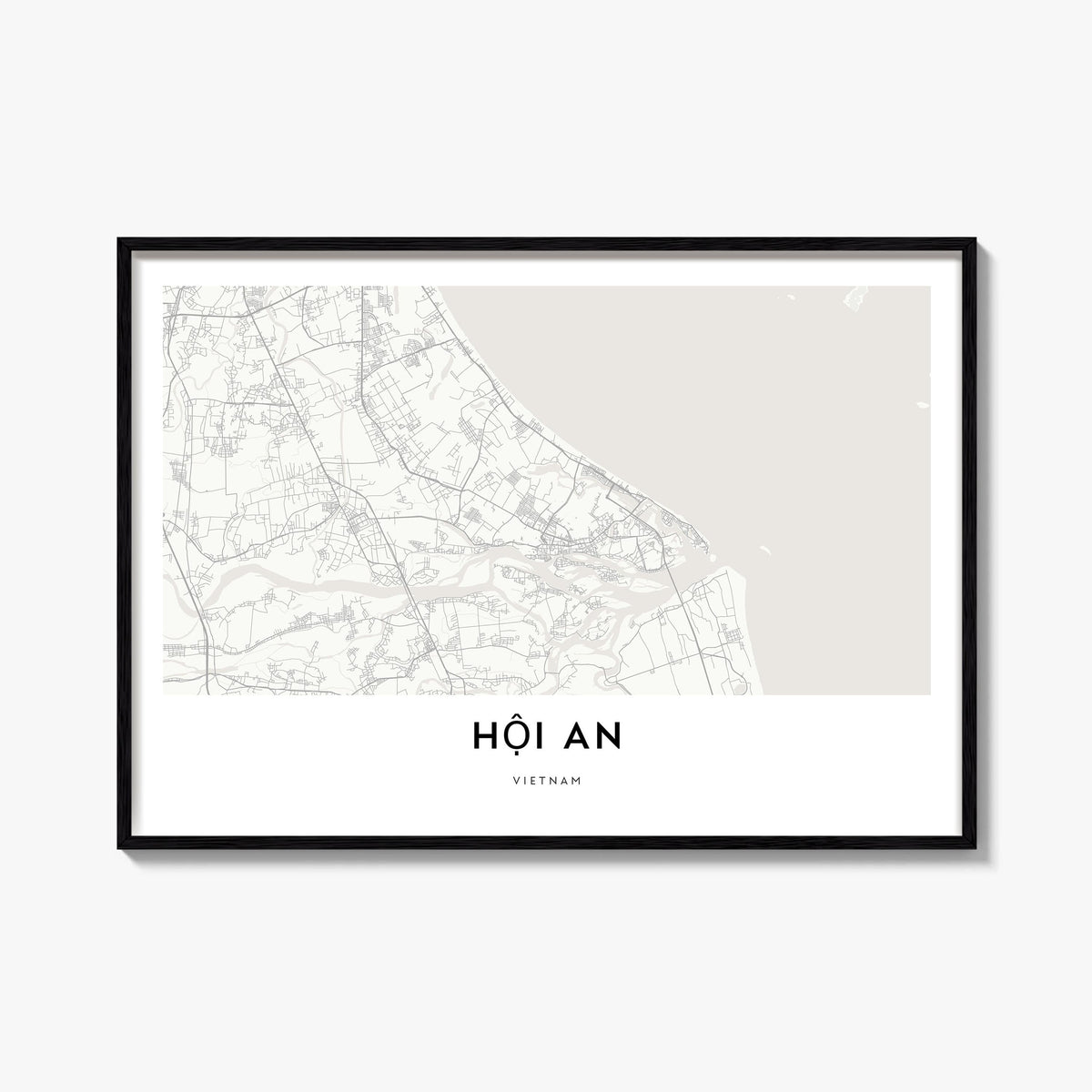 Hoi An black & white map poster of Vietnam – horizontal wall art, unframed print shown in interior mockup