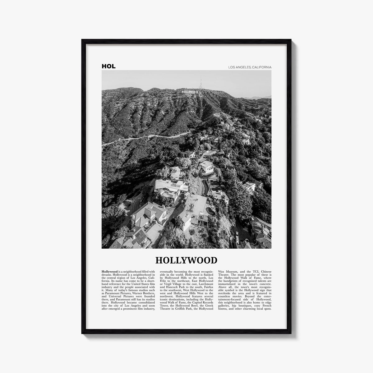 Hollywood black & white newspaper poster of Los Angeles, California – vertical wall art, unframed print shown in interior moc