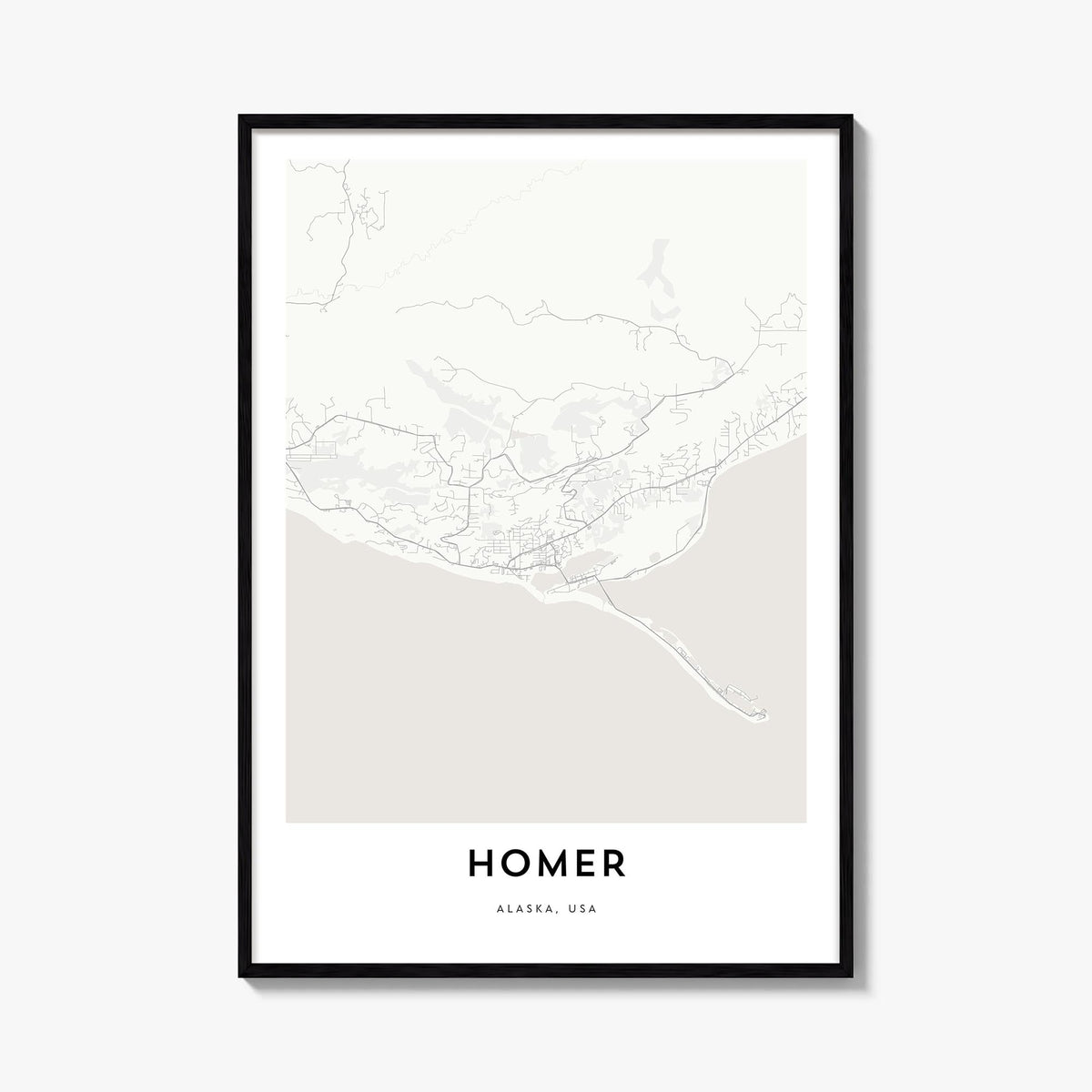 Homer black & white map poster of Alaska, USA – vertical wall art, unframed print shown in interior mockup