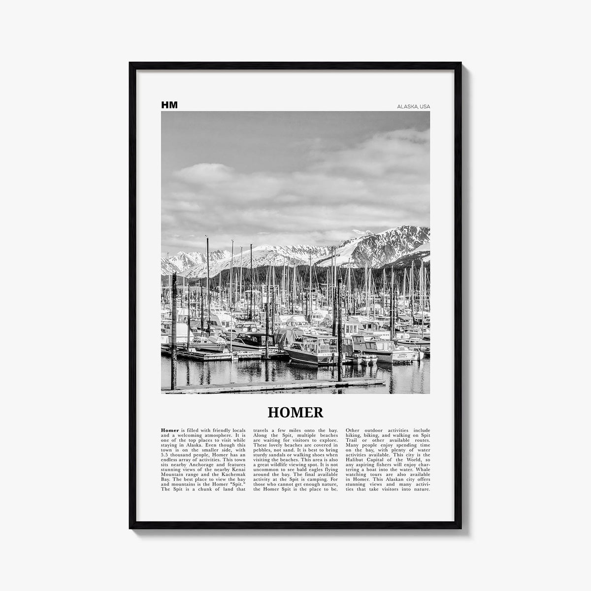 Homer black & white newspaper poster of Alaska, USA – vertical wall art, unframed print shown in interior mockup