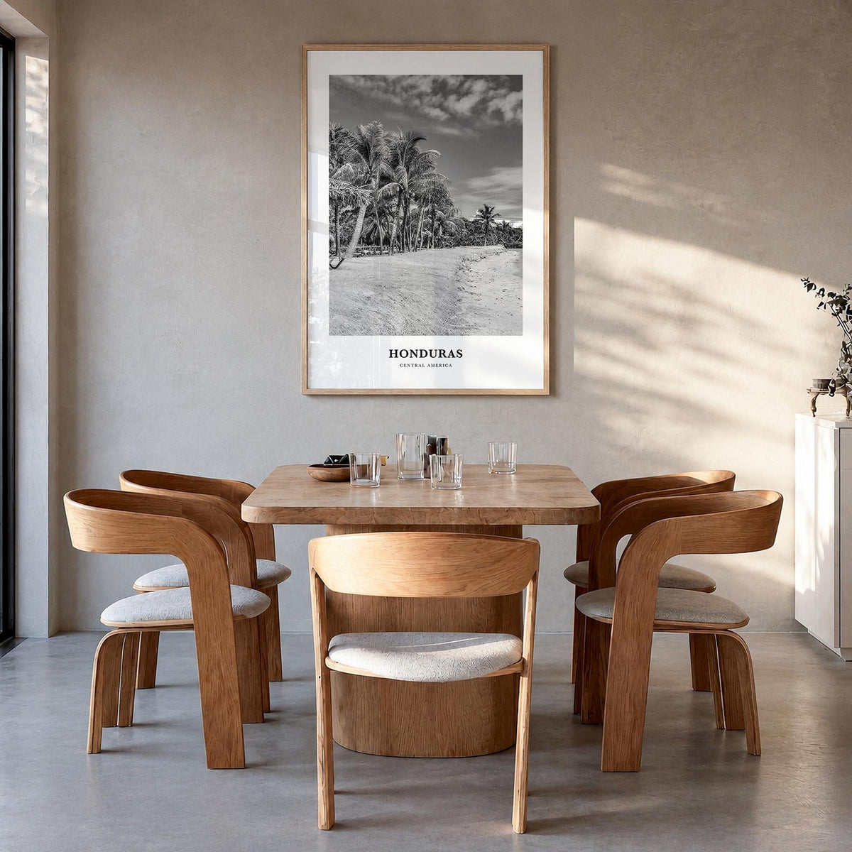 Honduras black & white classic poster of Central America – vertical wall art in natural wood frame, hanging on wall
