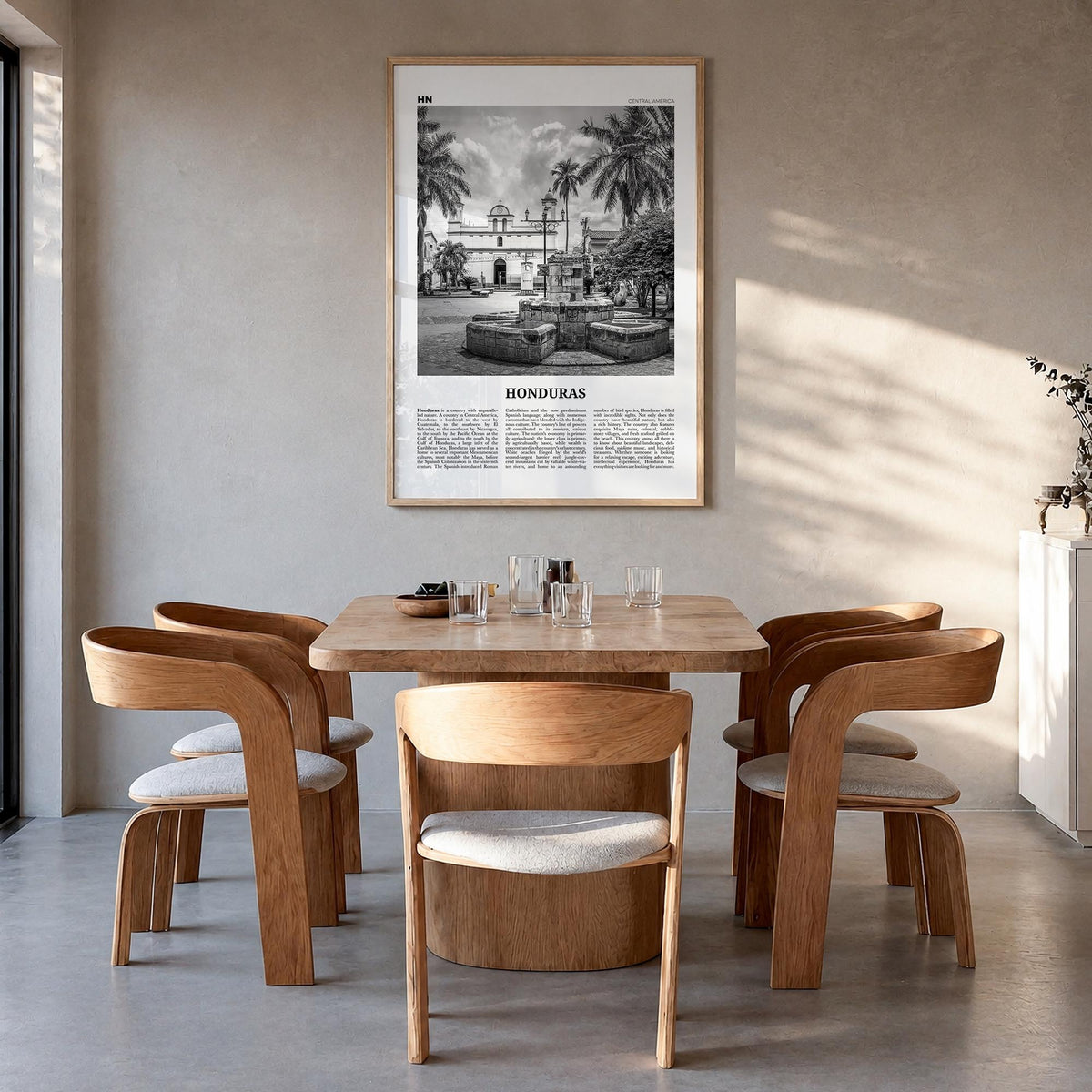 Honduras no. 2 black & white newspaper poster of Central America – vertical wall art in natural wood frame, hanging on wall