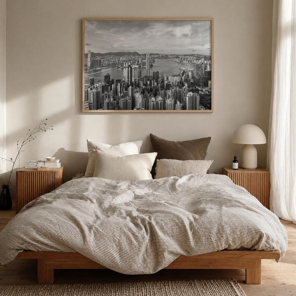 Hong Kong black & white photo poster of Asia – horizontal wall art in natural wood frame, hanging on wall