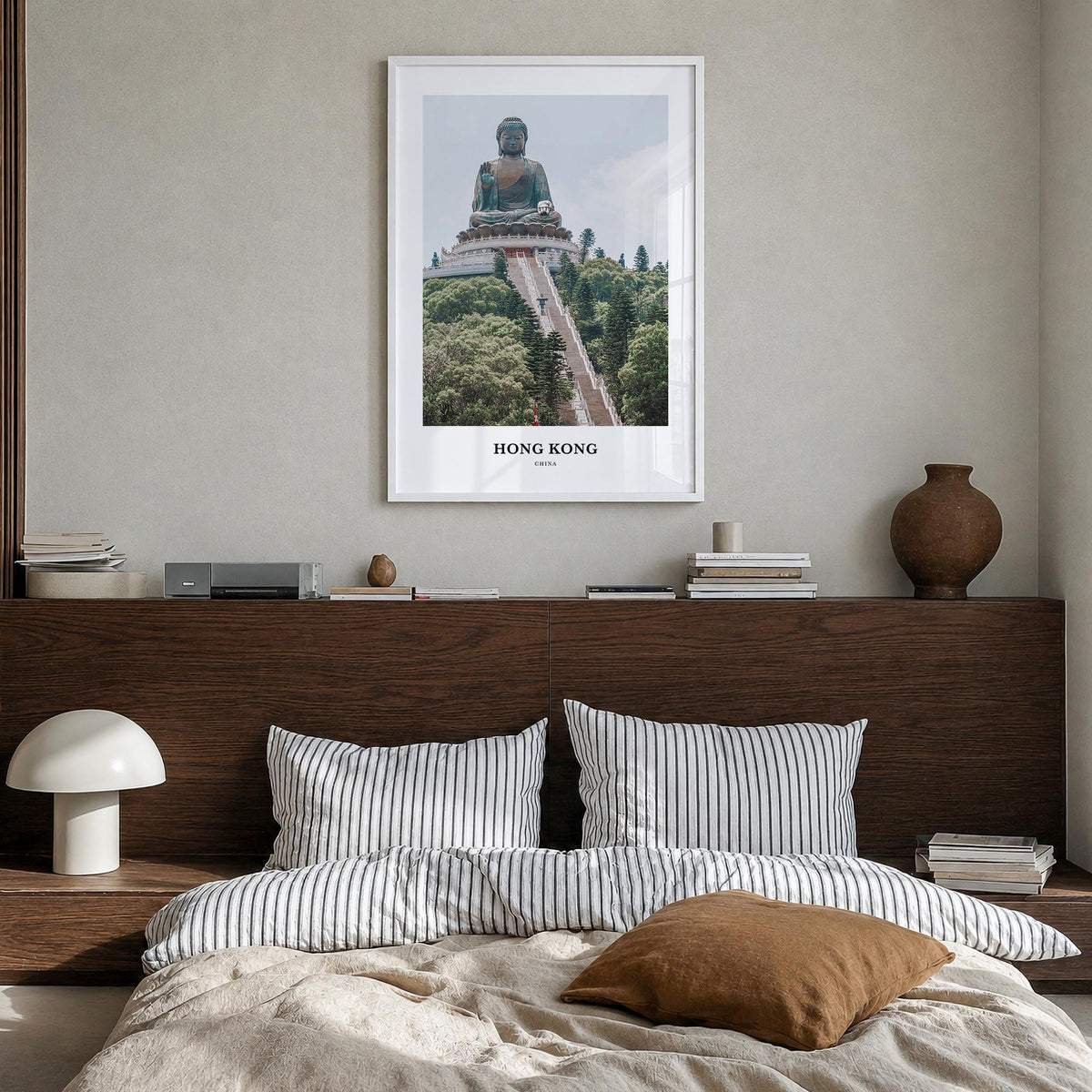 Hong Kong colorful classic poster of Asia – vertical wall art in white wood frame, hanging on wall