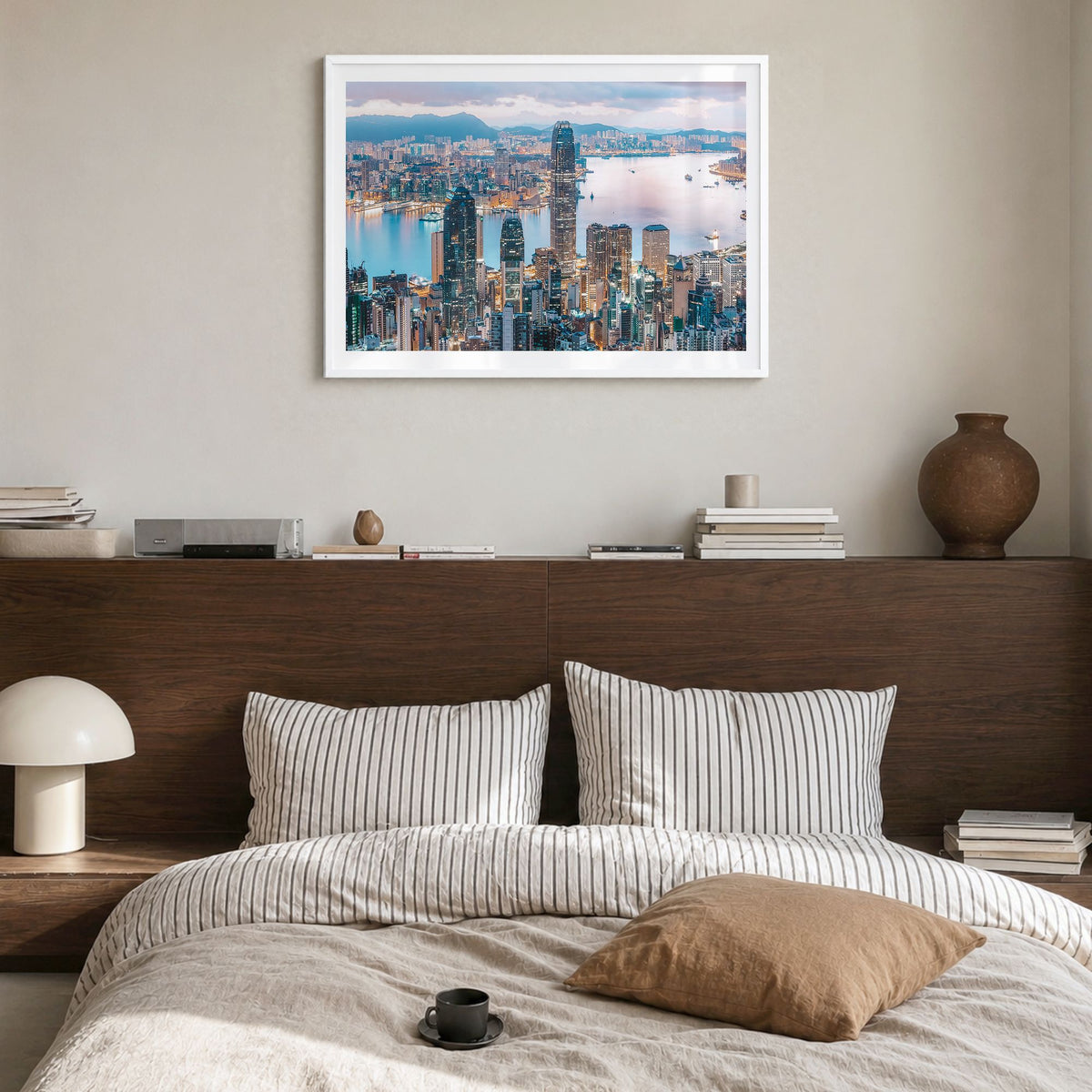 Hong Kong Photo Poster in a white wood frame, hanging in a bedroom, white border