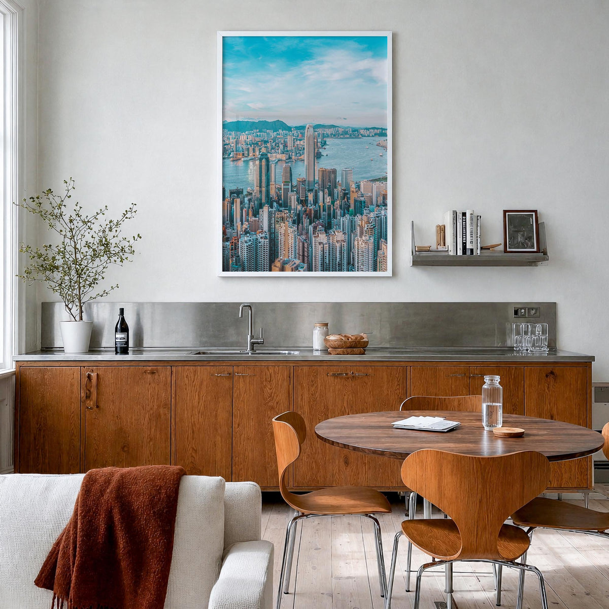 Hong Kong no. 1 colorful photo poster of Asia – vertical wall art in white wood frame, hanging on wall