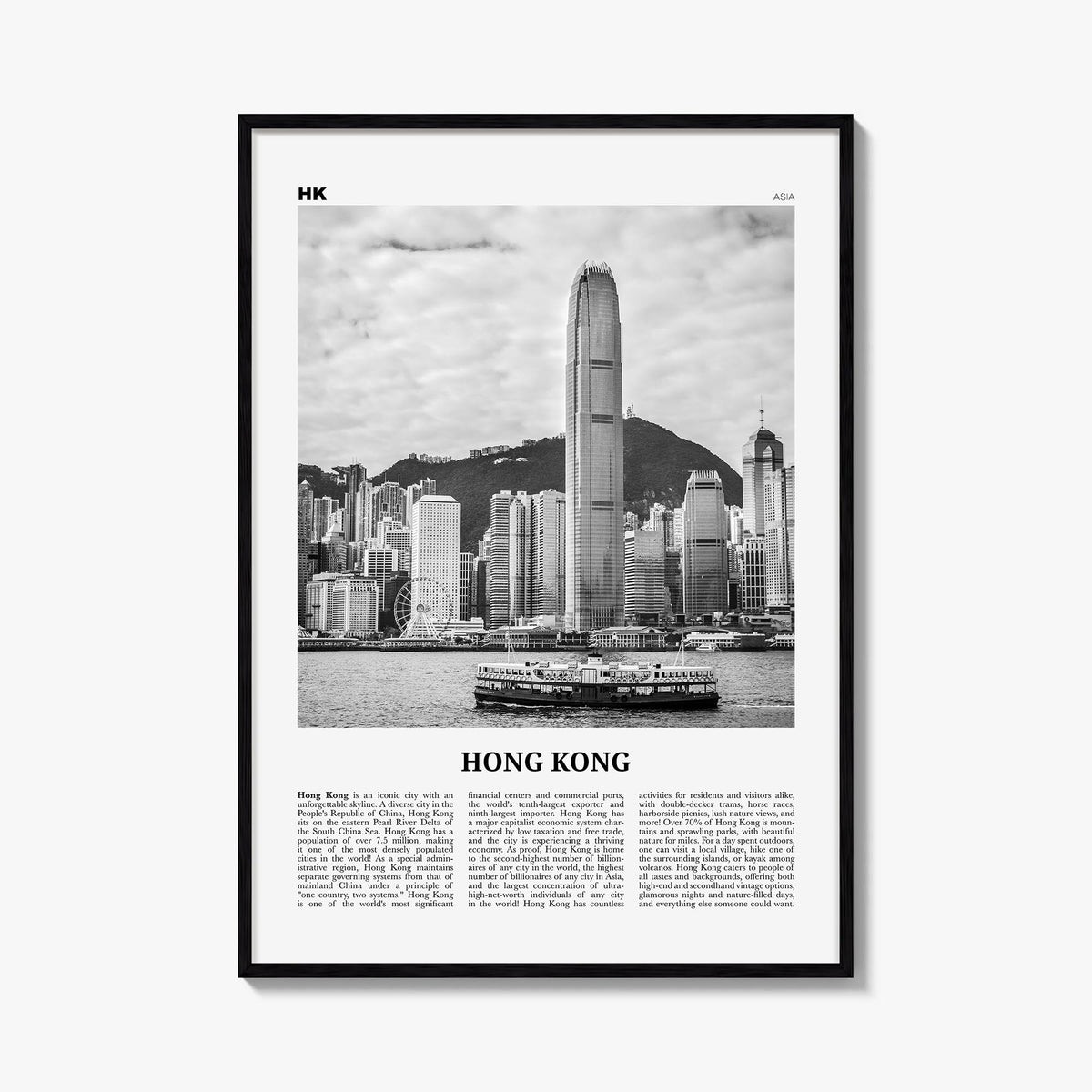 Hong Kong no. 2 black & white newspaper poster of Asia – vertical wall art, unframed print shown in interior mockup