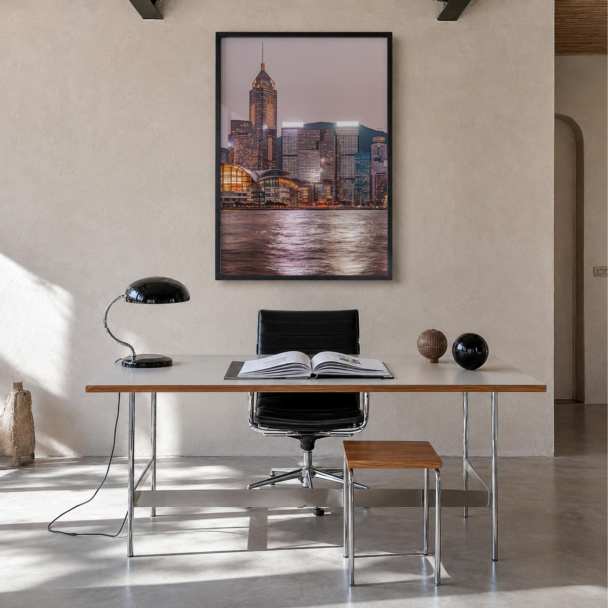 Hong Kong no. 2 colorful photo poster of Asia – vertical wall art in black wood frame, hanging on wall