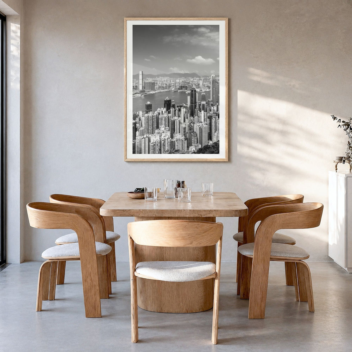 Hong Kong Photo No 1 Poster in a natural wood frame, hanging in a dining room, white border