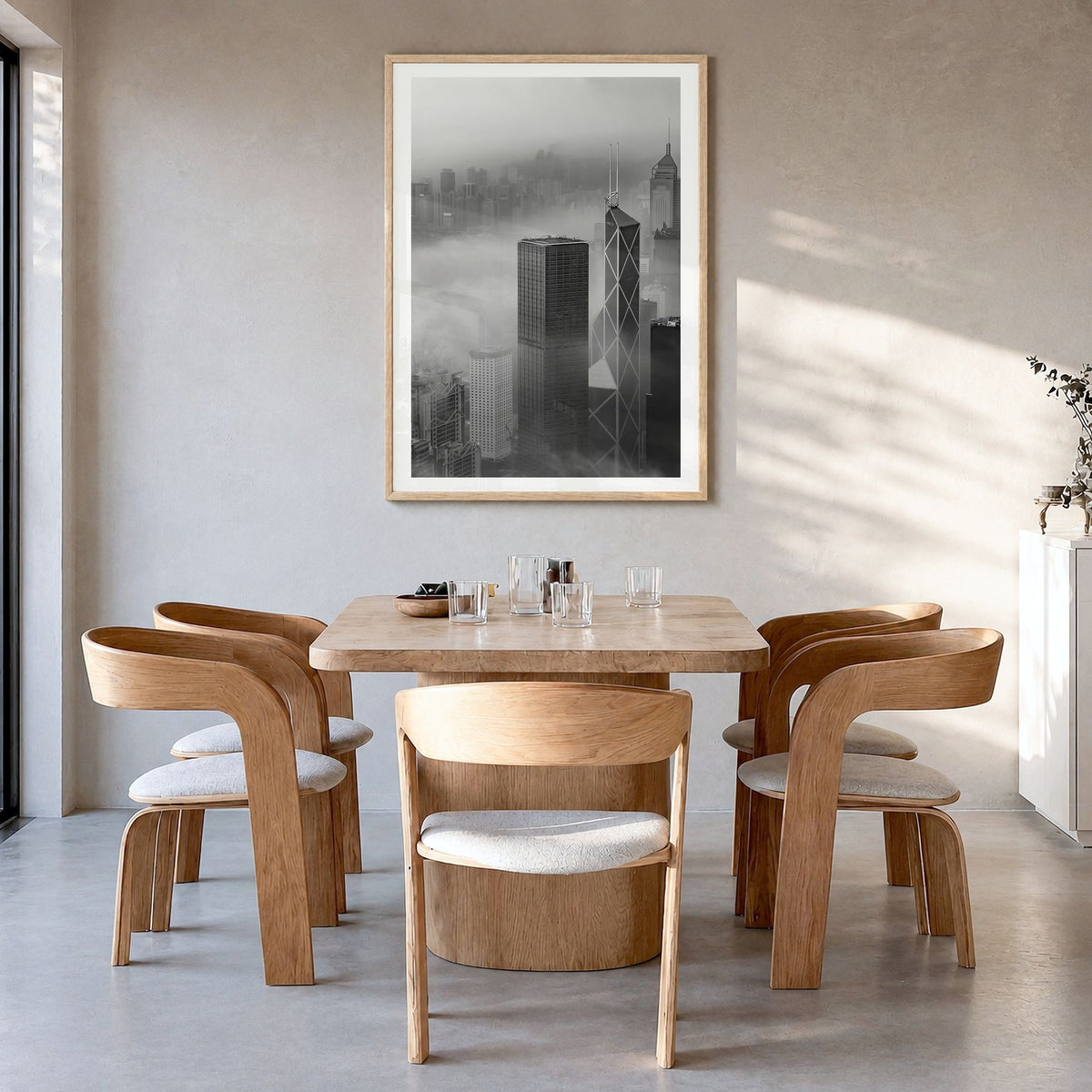 Hong Kong Photo No 2 Poster in a natural wood frame, hanging in a dining room, white border