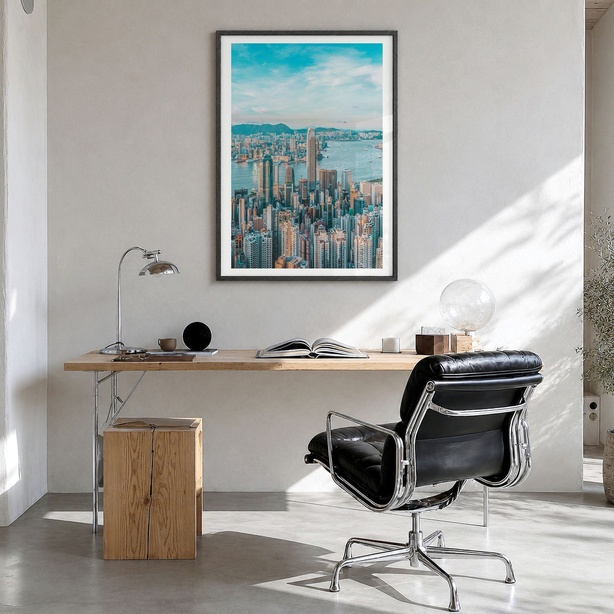 Hong Kong Photo No 1 Poster in a black wood frame, hanging in a bright home office, white border