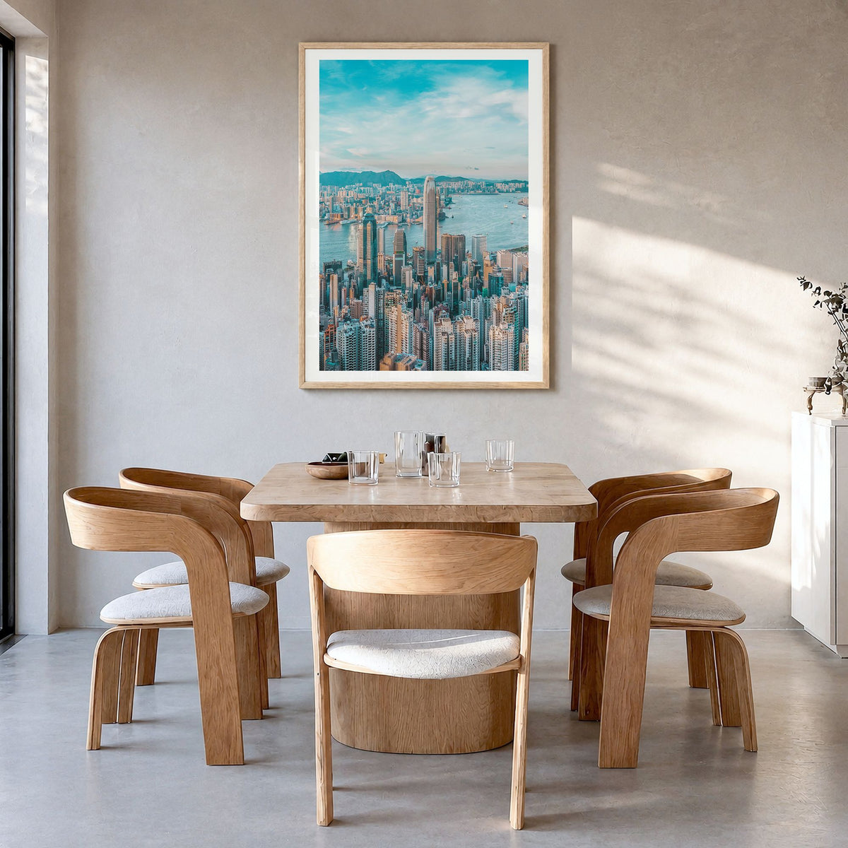 Hong Kong Photo No 1 Poster in a natural wood frame, hanging in a dining room, white border