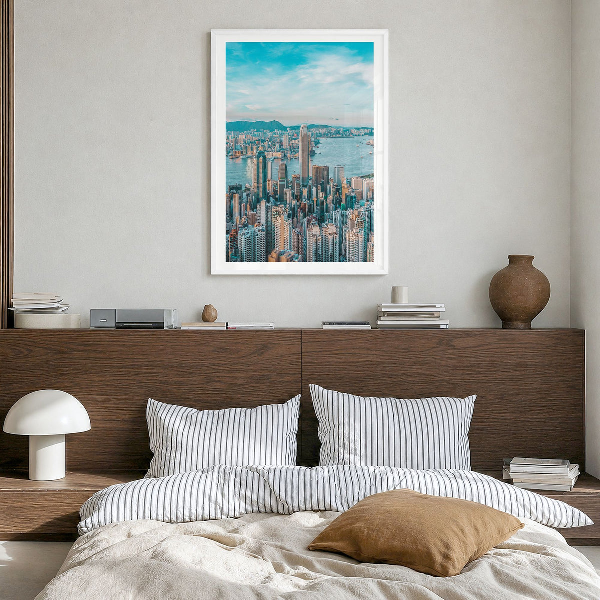 Hong Kong Photo No 1 Poster in a white wood frame, hanging in a bedroom, white border