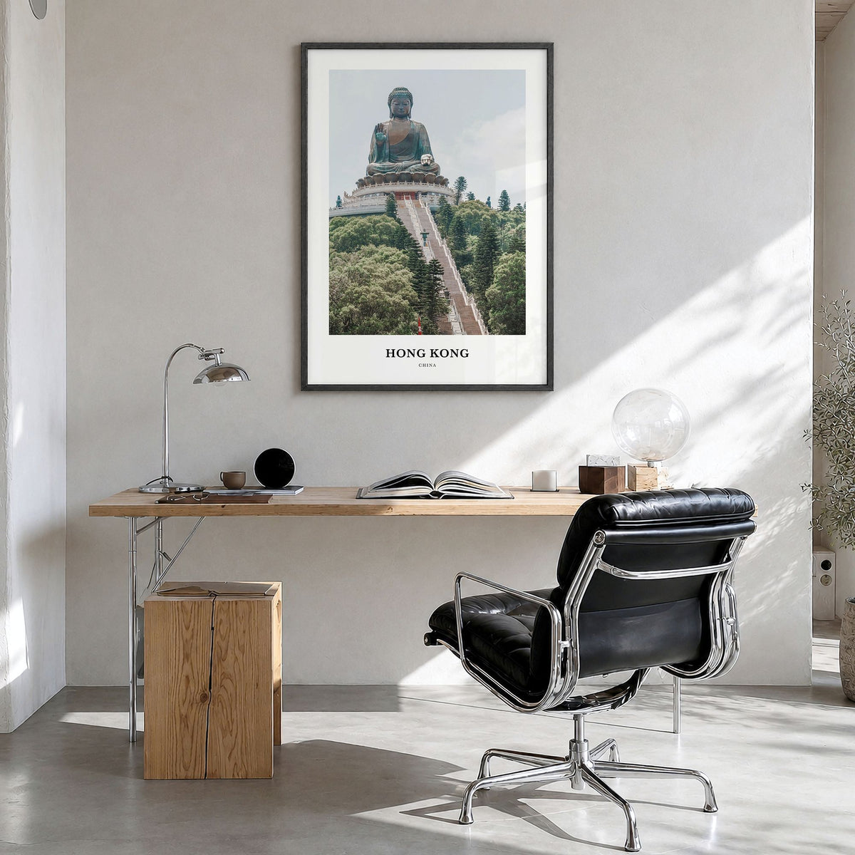 Hong Kong Classic Poster in a black wood frame, hanging in a bright home office
