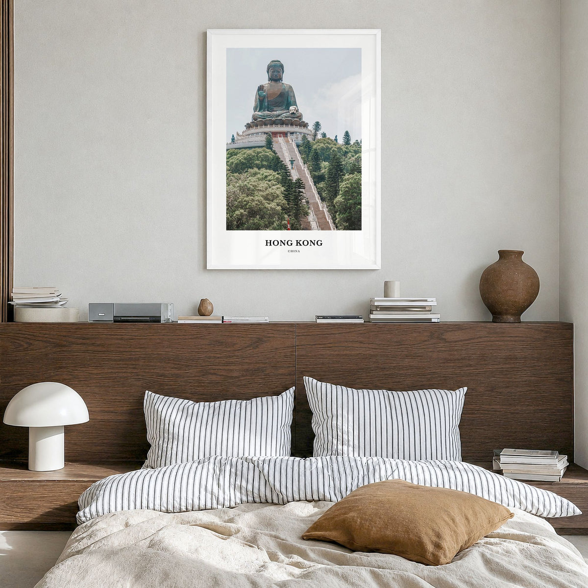 Hong Kong Classic Poster in a white wood frame, hanging in a bedroom