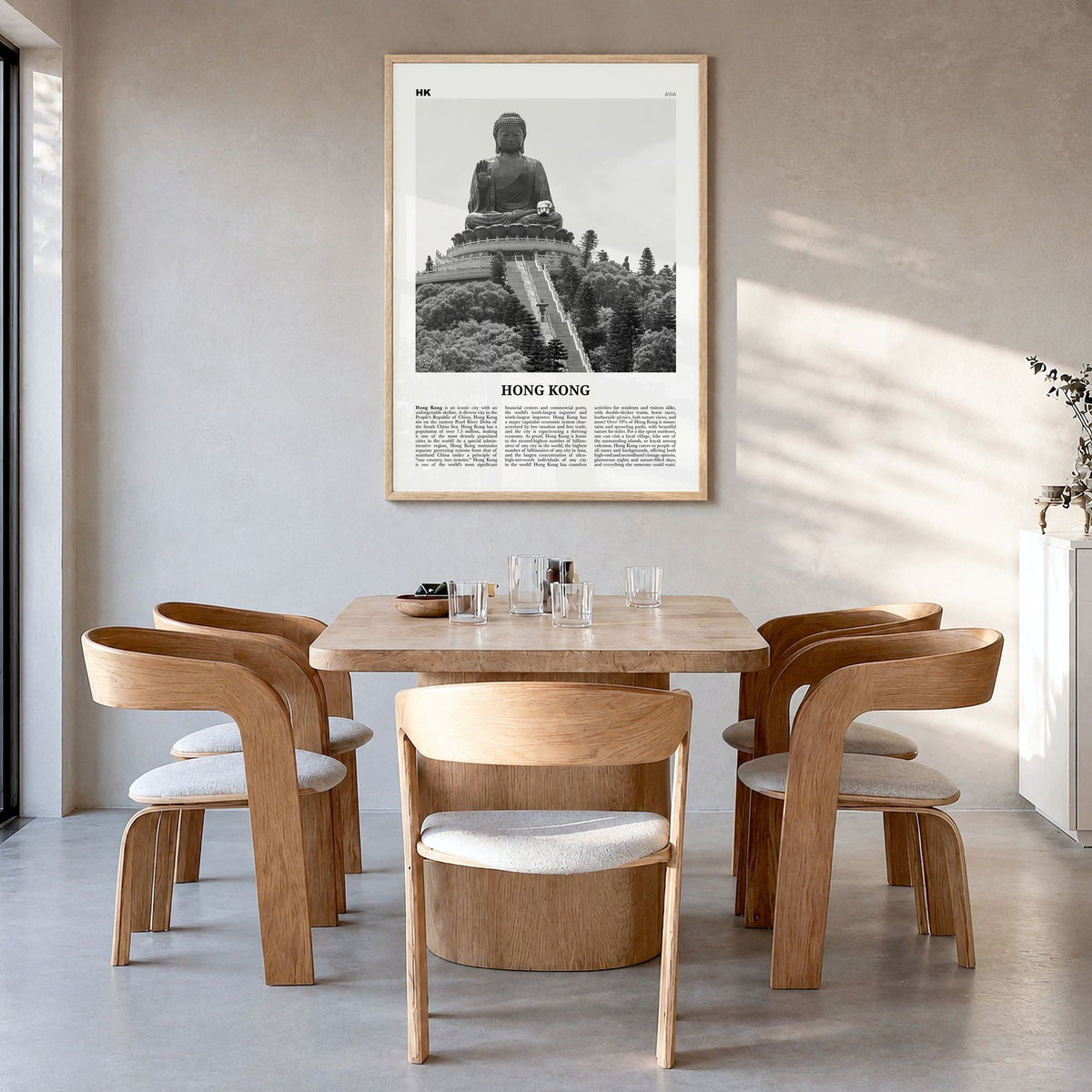Hong Kong Newspaper No 4 Poster in a natural wood frame, hanging in a dining room
