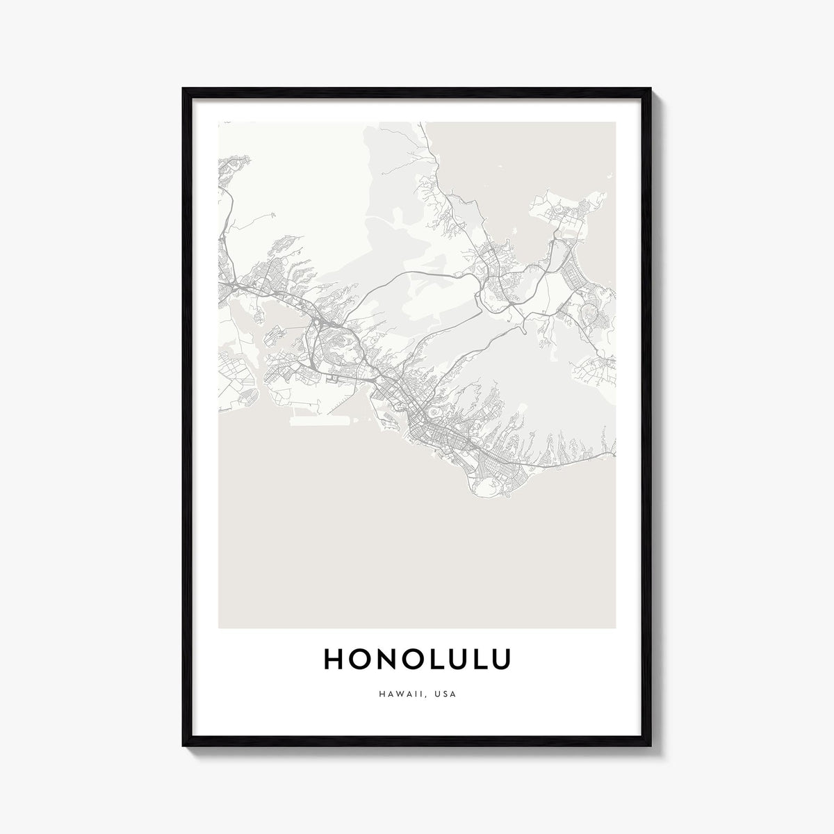 Honolulu black & white map poster of Hawaii, USA – vertical wall art, unframed print shown in interior mockup