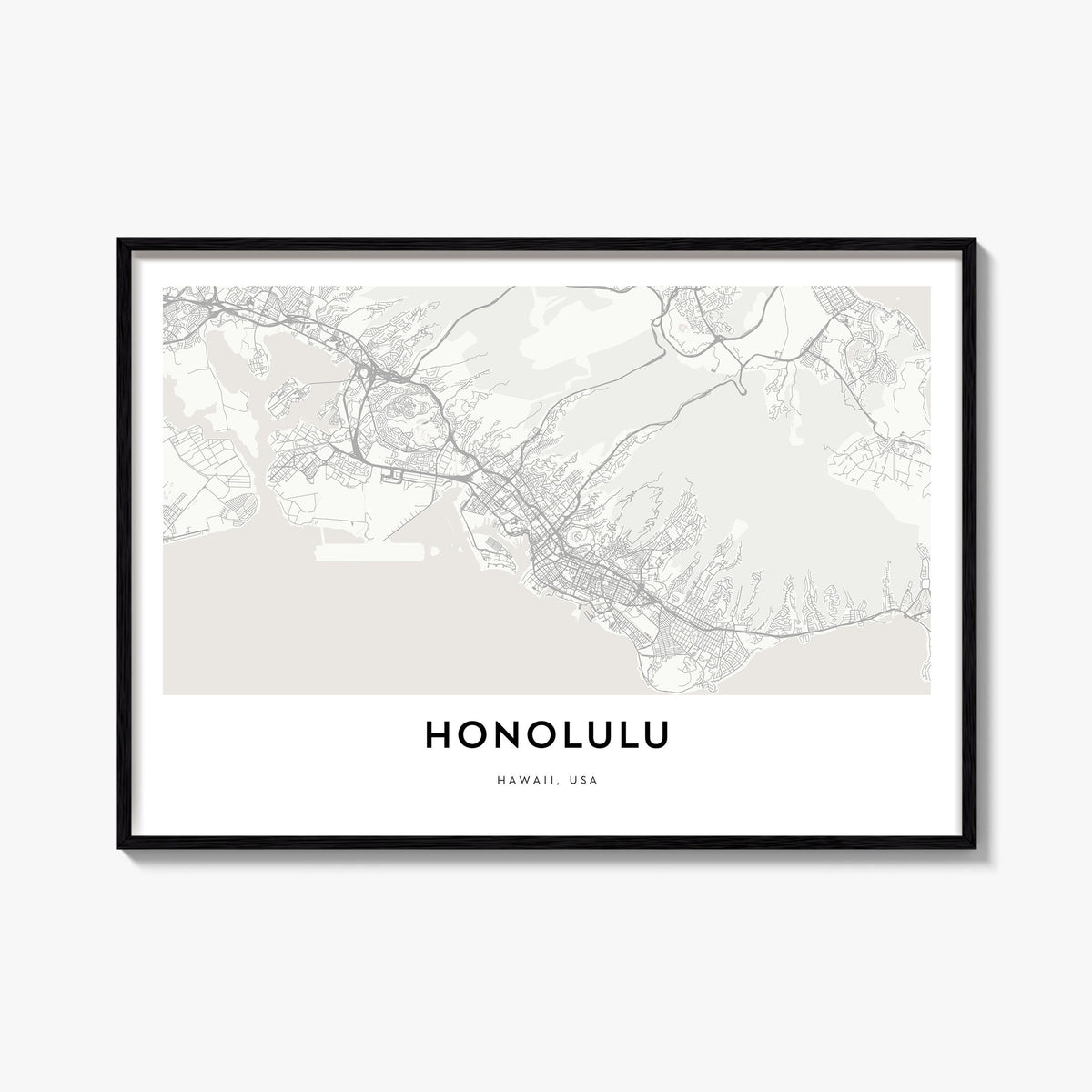 Honolulu black & white map poster of Hawaii, USA – horizontal wall art, unframed print shown in interior mockup