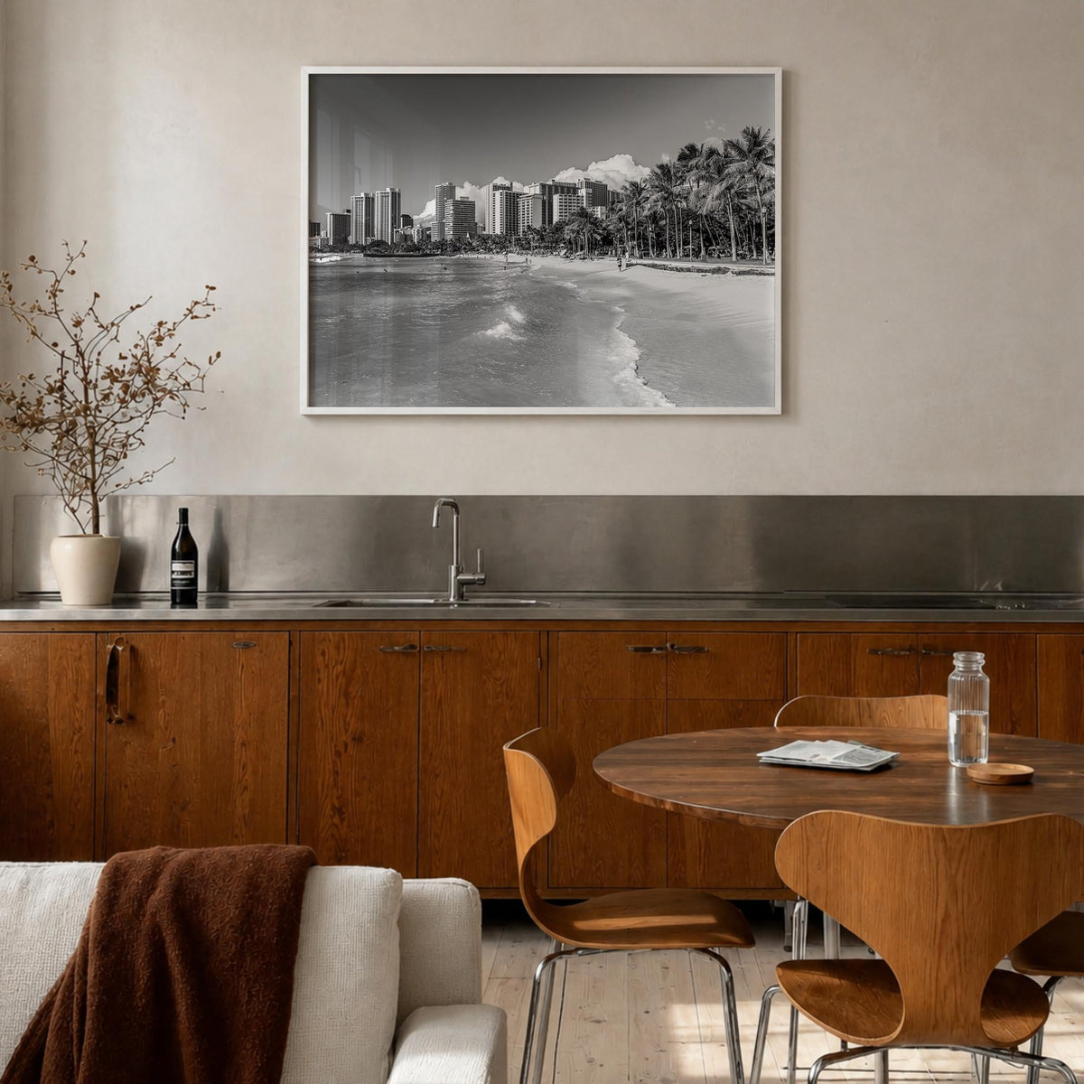 Honolulu black & white photo poster of Hawaii, USA – horizontal wall art in white wood frame, hanging on wall