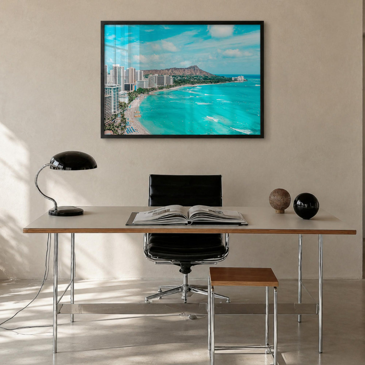 Honolulu colorful photo poster of Hawaii, USA – horizontal wall art in black wood frame, hanging on wall